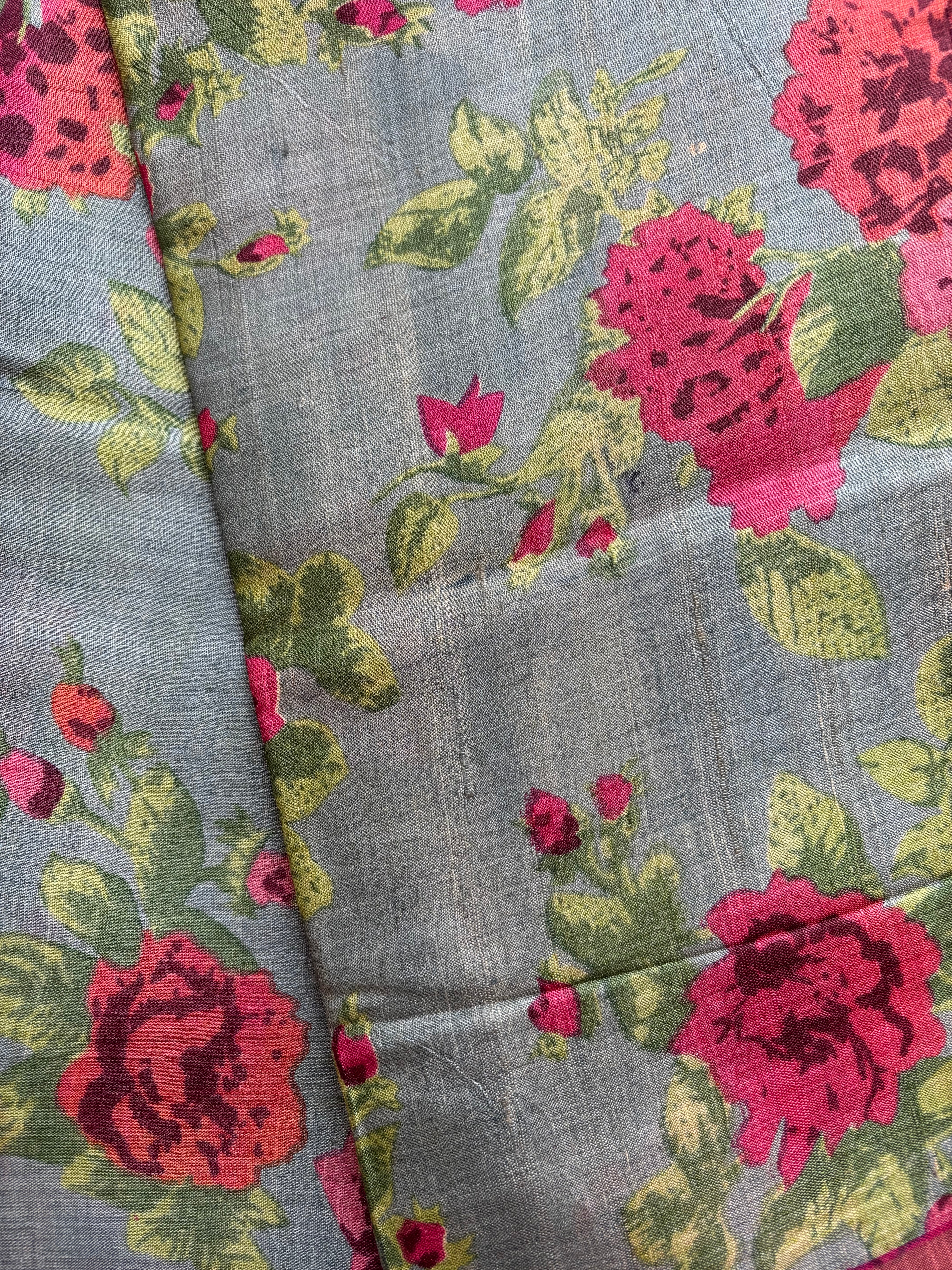 Grey pink floral tussar saree