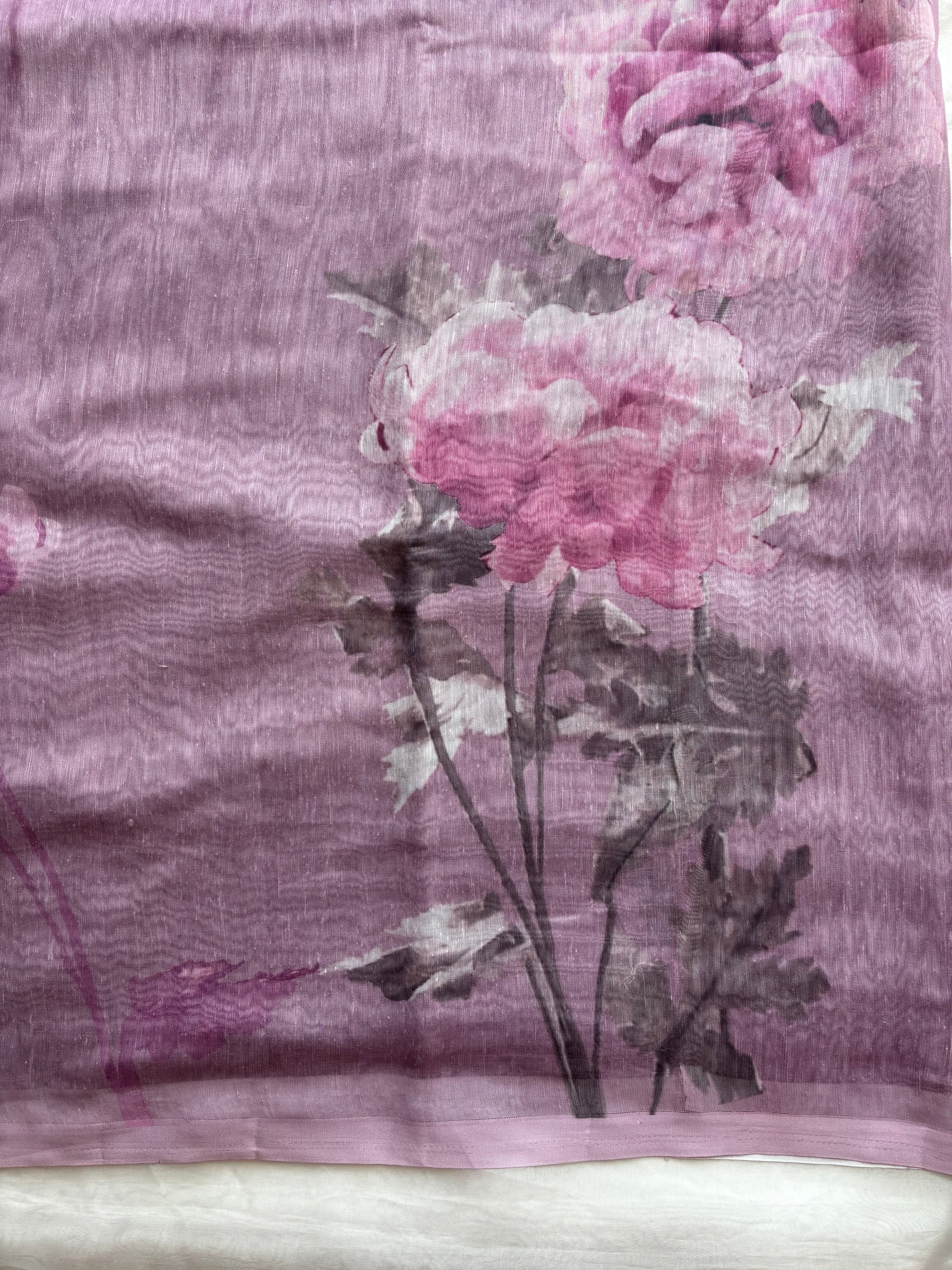 Lilac floral Linen saree