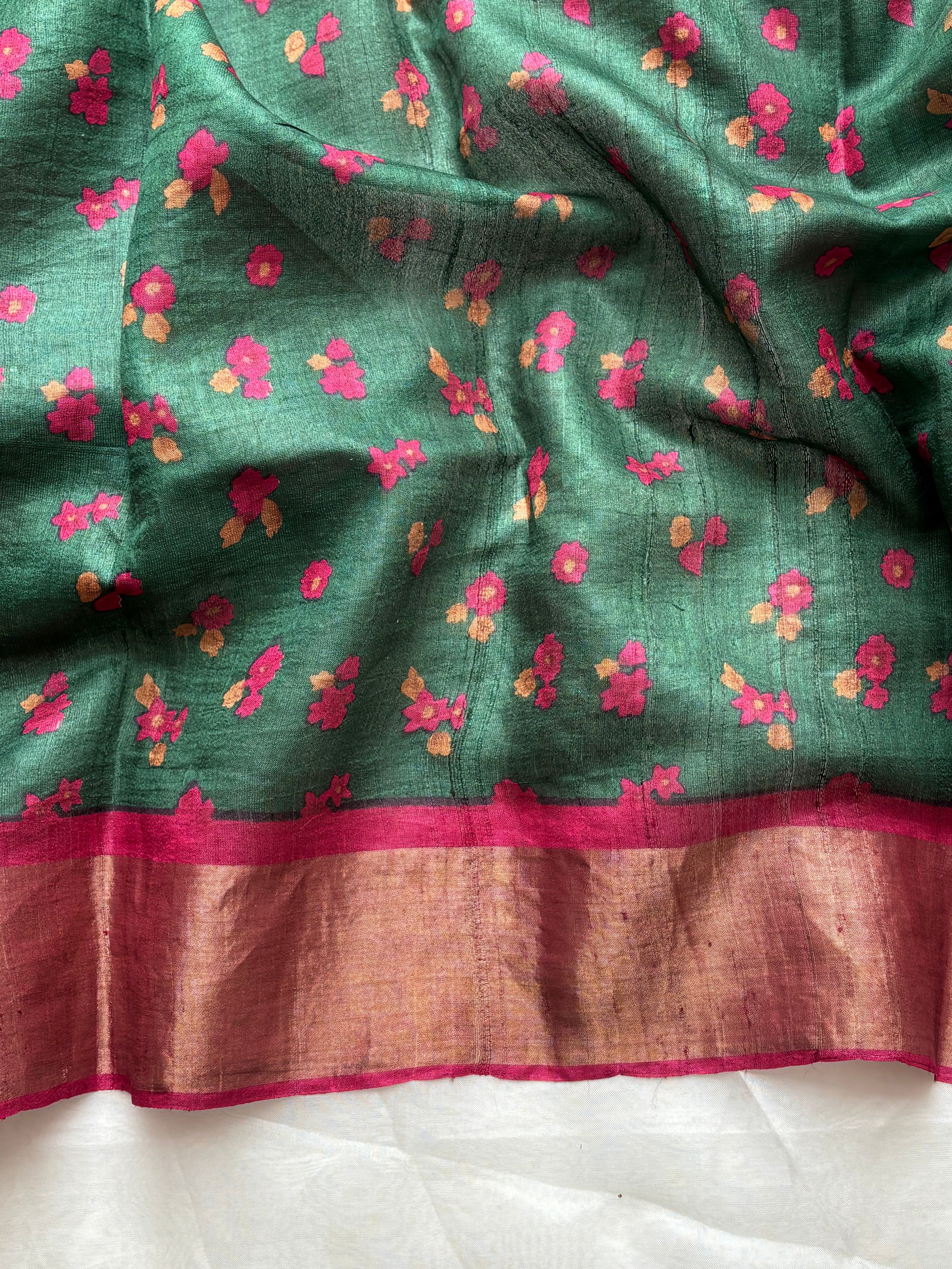 Dark Green floral tussar saree