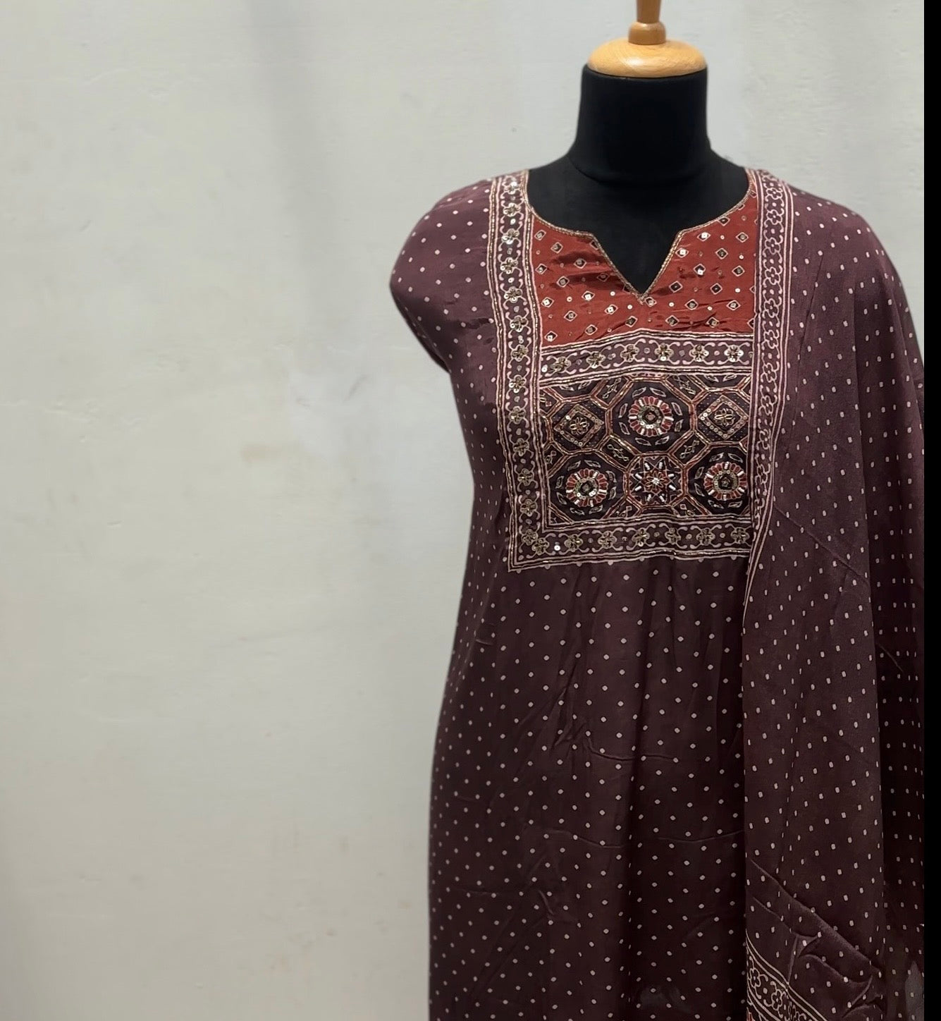 Brown polka dot semi stitched salwar suit