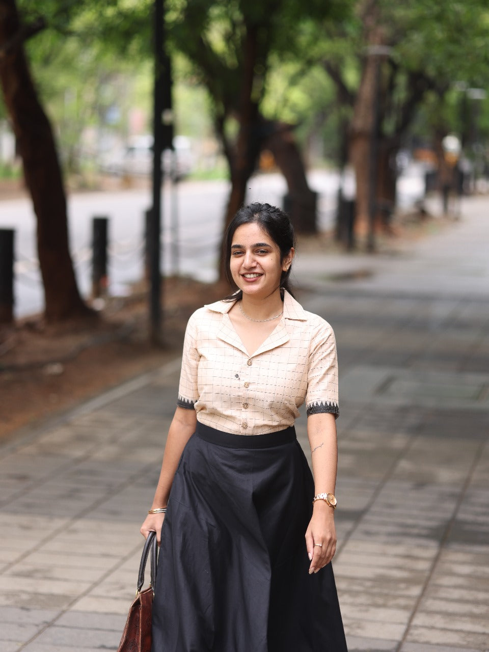 Black Skirt Combination Top Chic Beige Checked Top With Black Skirt