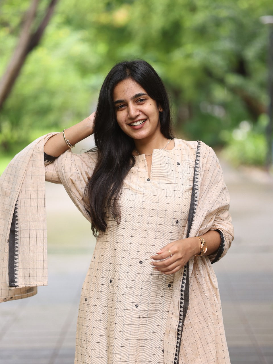 Chic Beige Checked Top with Duppata