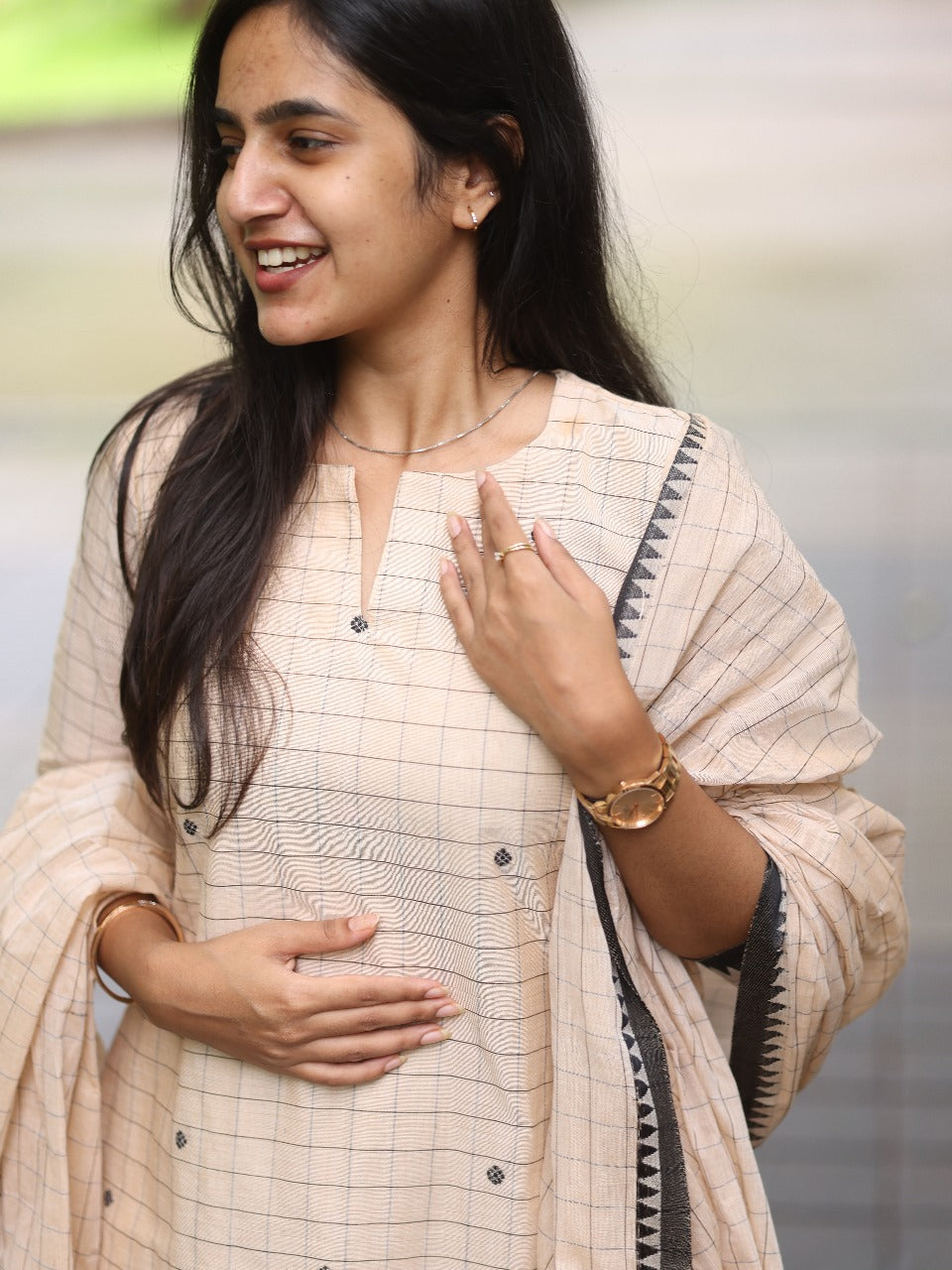 Chic Beige Checked Top with Duppata
