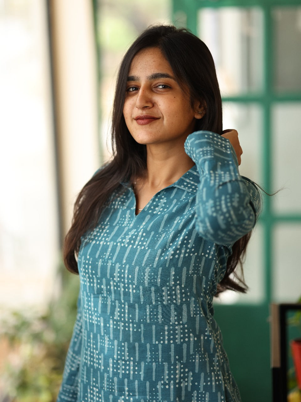 Blue cotton batik print top and bottom set