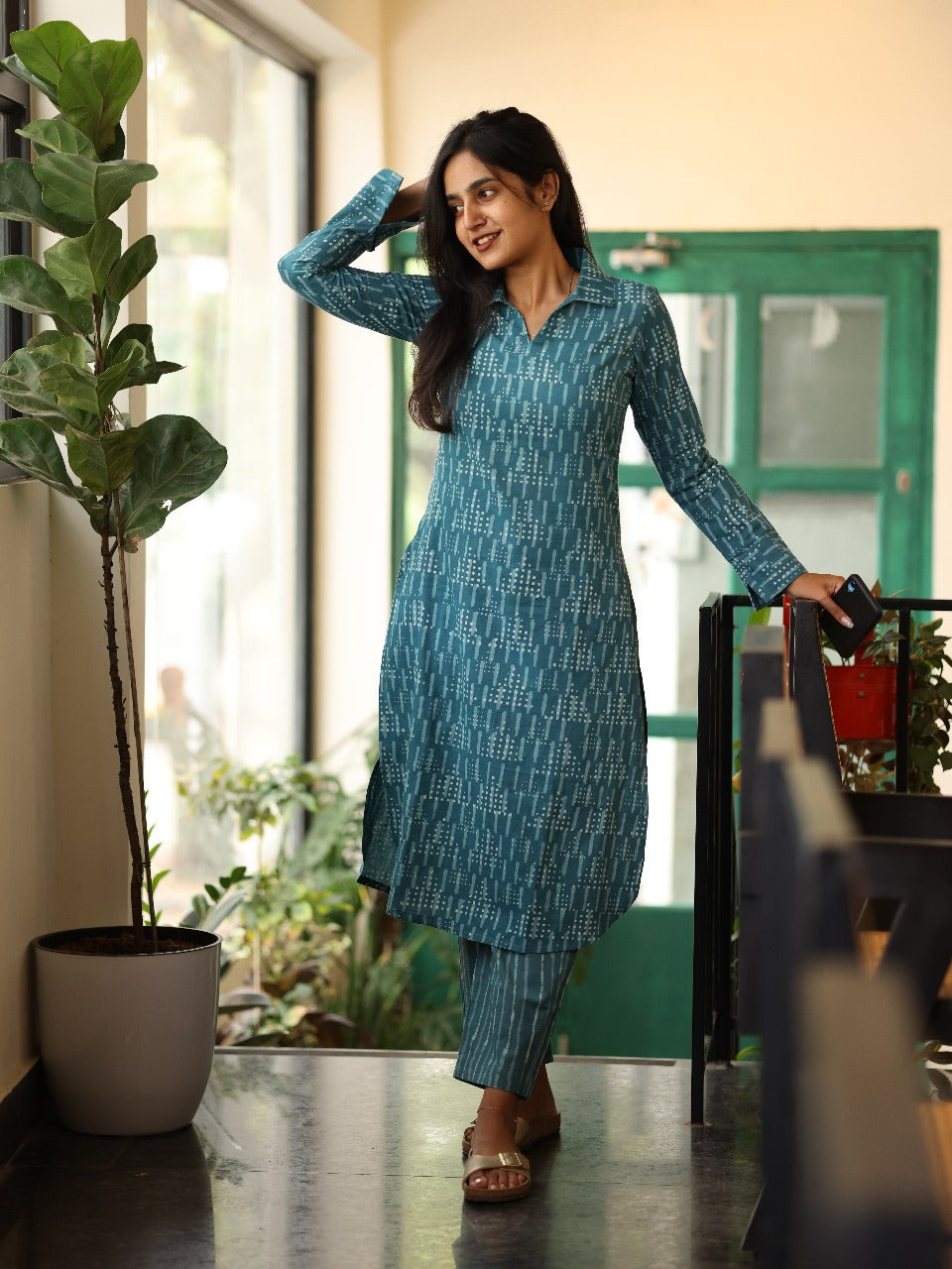 Blue cotton batik print top and bottom set