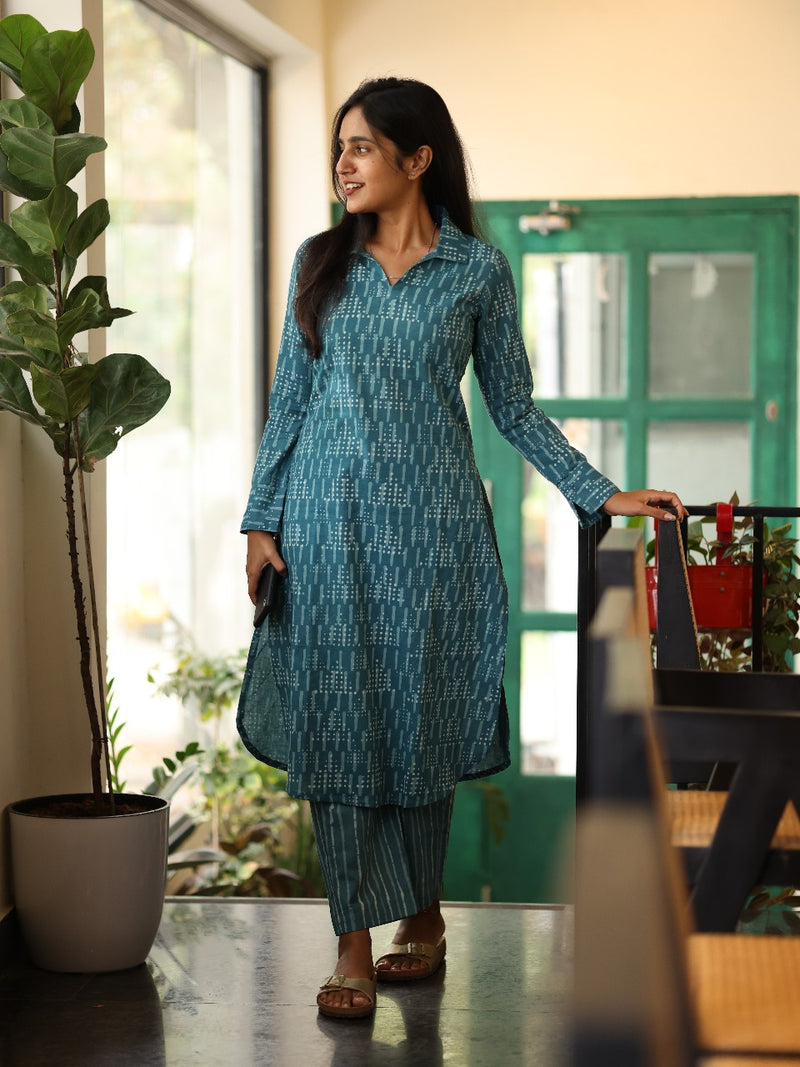 Blue cotton batik print top and bottom set