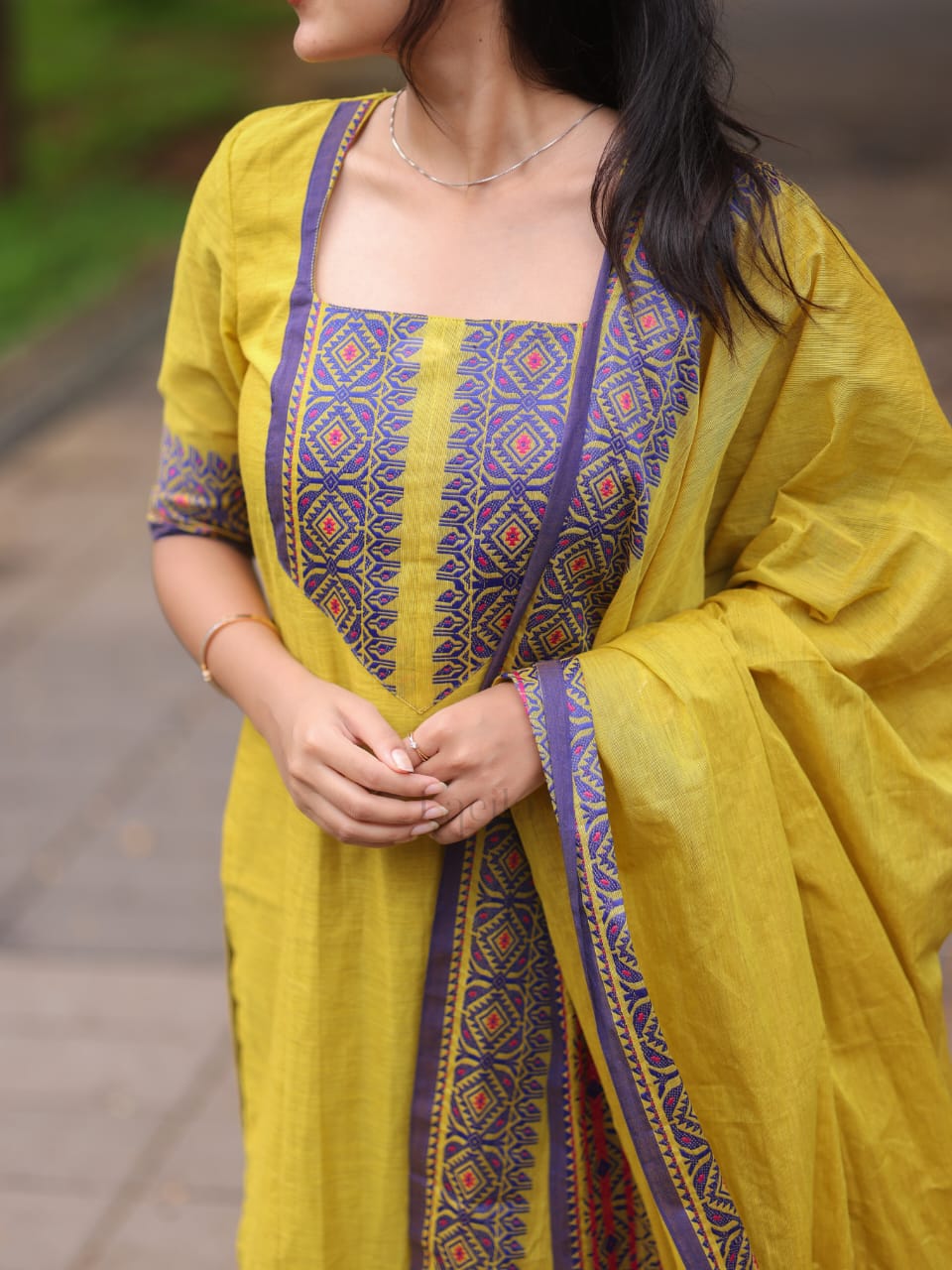 Mehandhi green with blue border kanchi cotton top and duppata