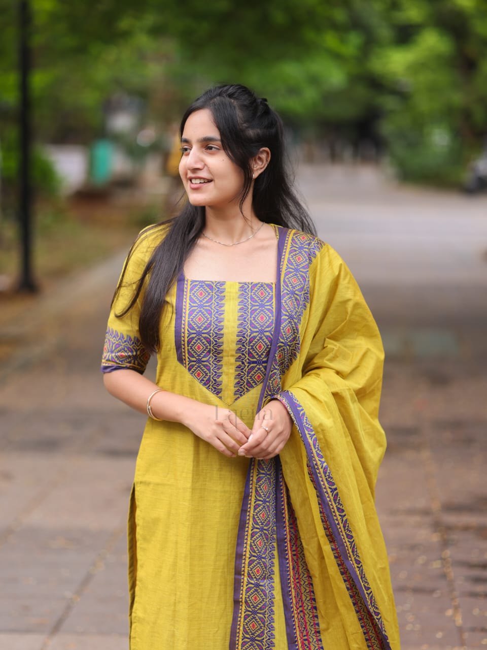 Mehandhi green with blue border kanchi cotton top and duppata