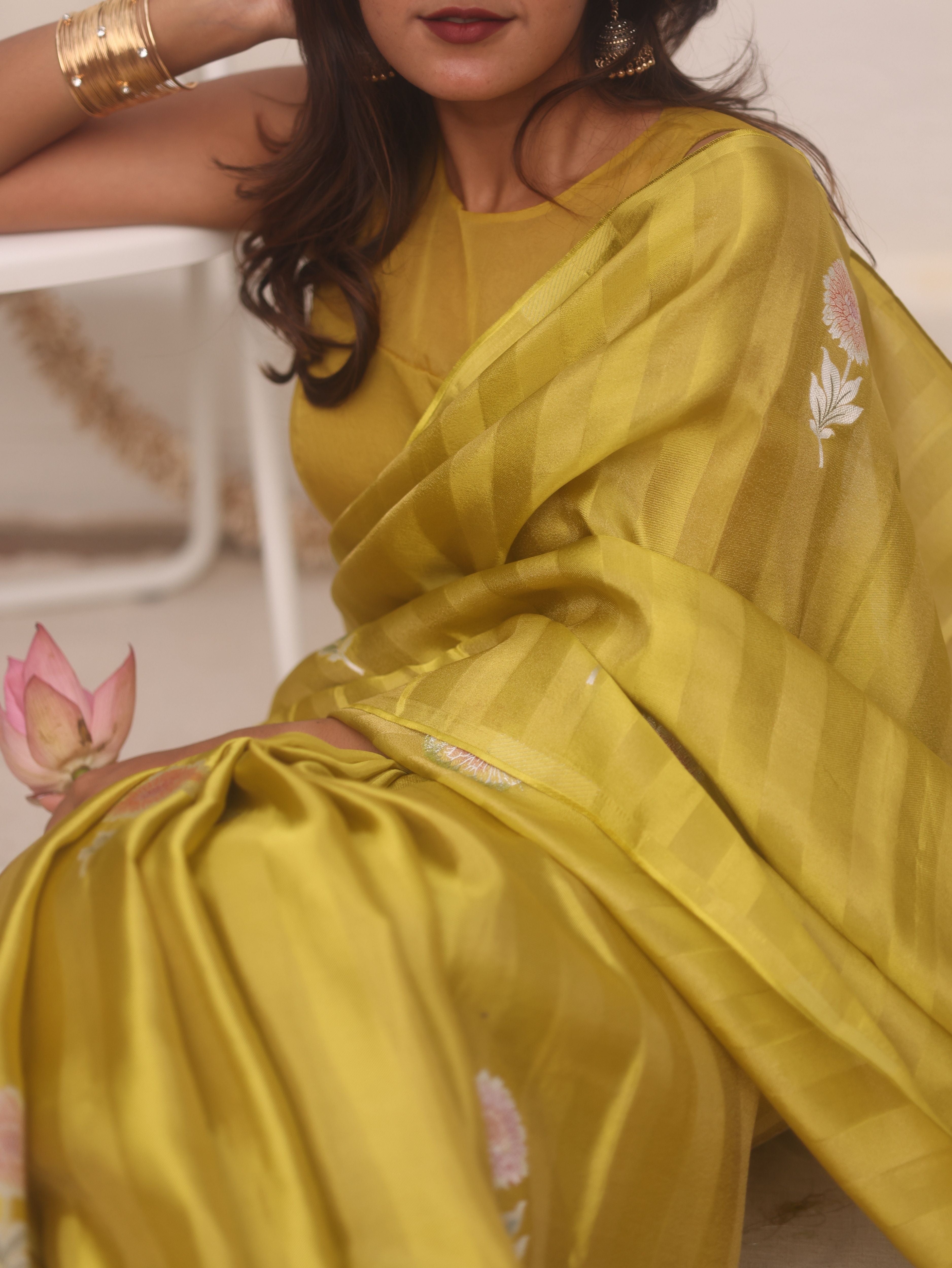 Lime Green Viscose Tissue Saree