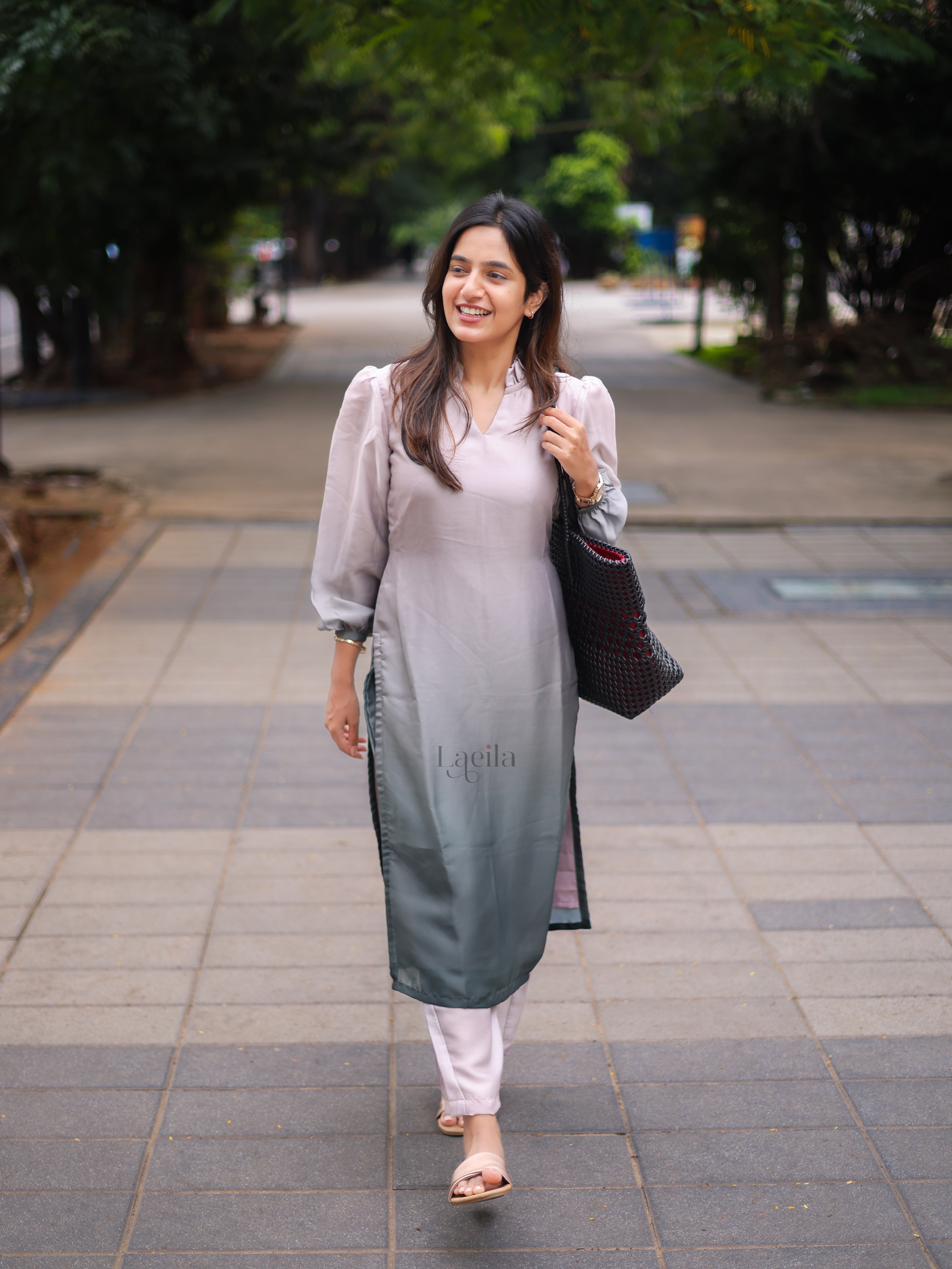 Beige with Green Dual tone satin crepe co-ord set