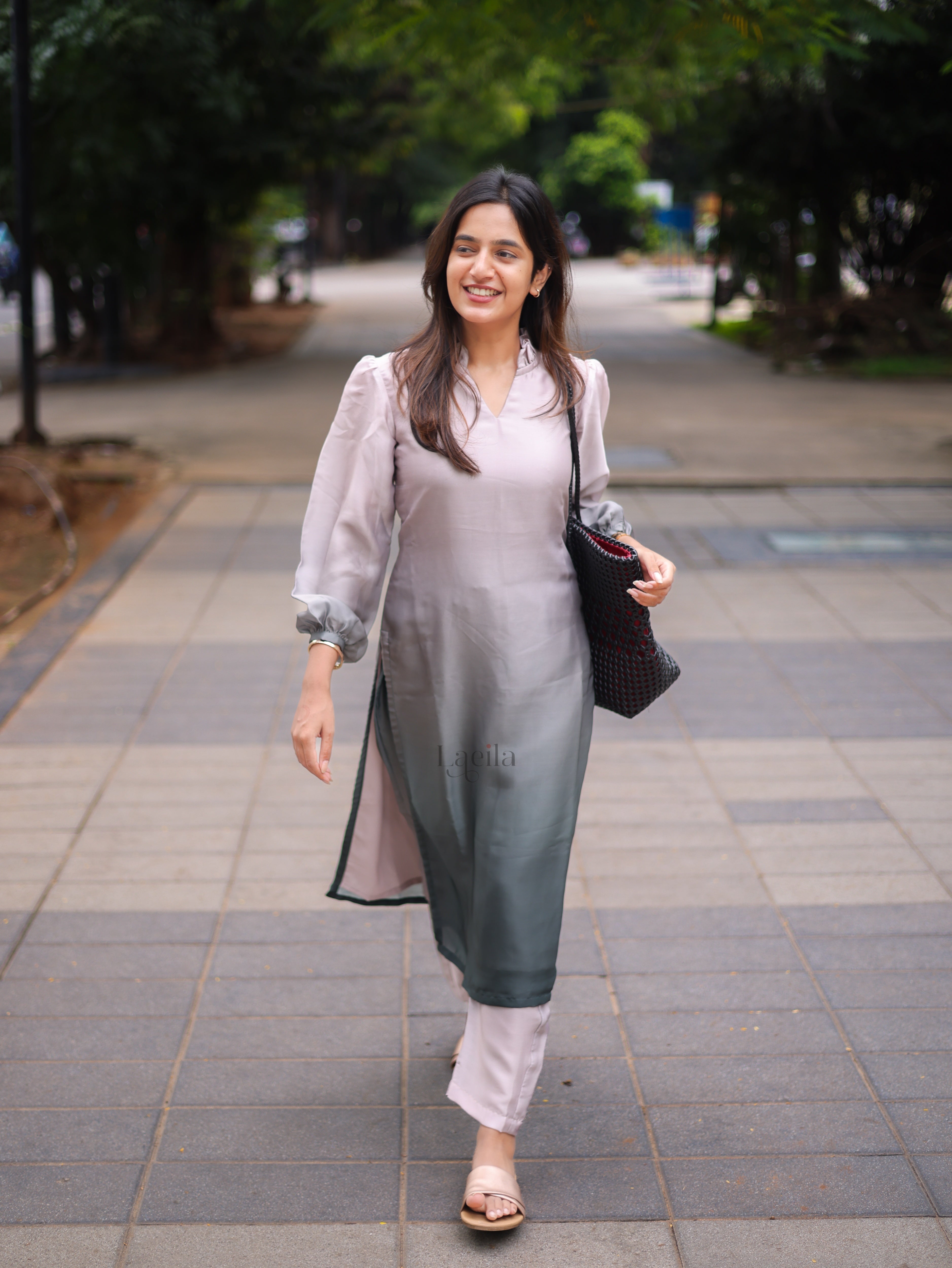 Beige with Green Dual tone satin crepe co-ord set