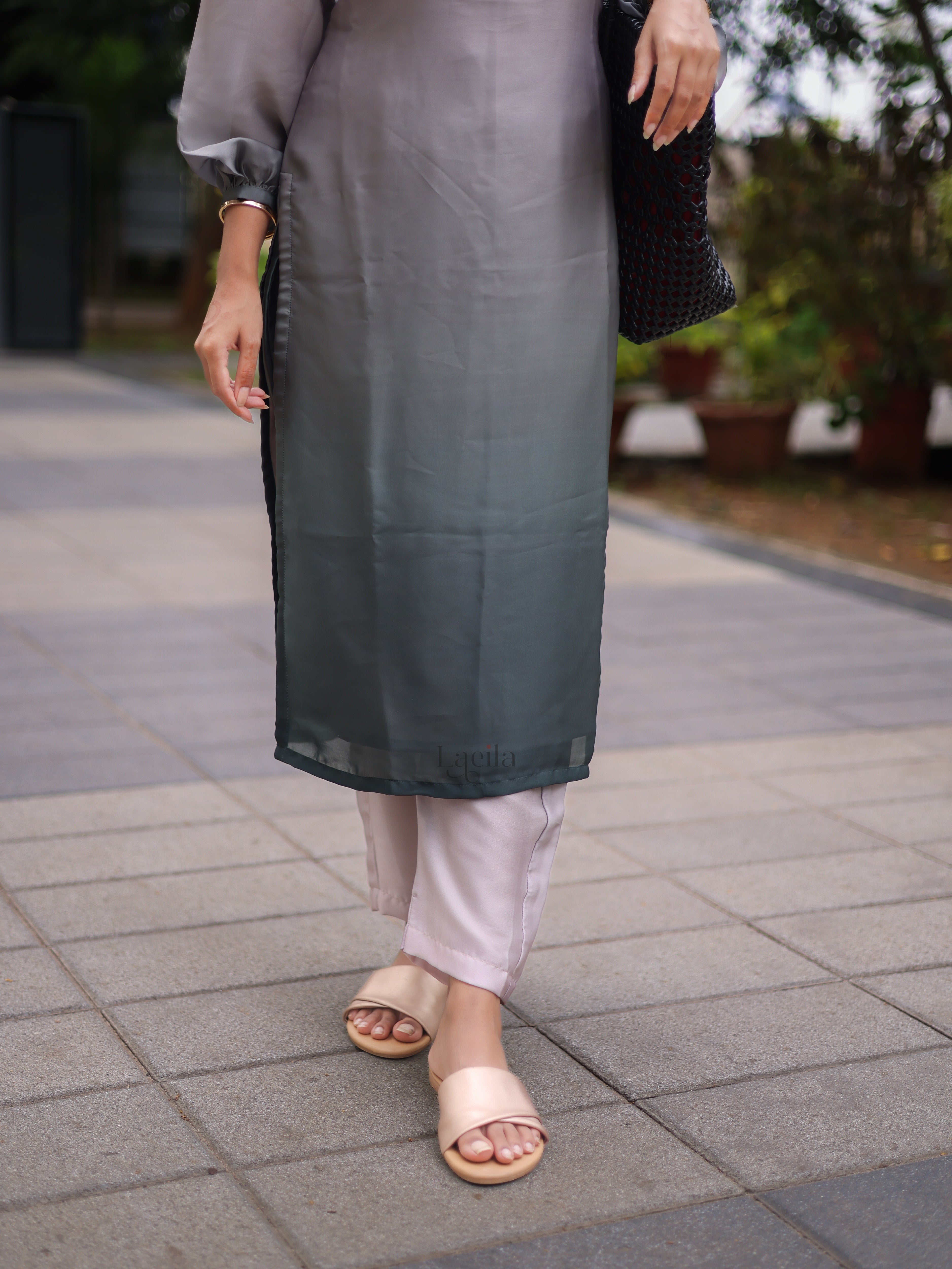 Beige with Green Dual tone satin crepe co-ord set