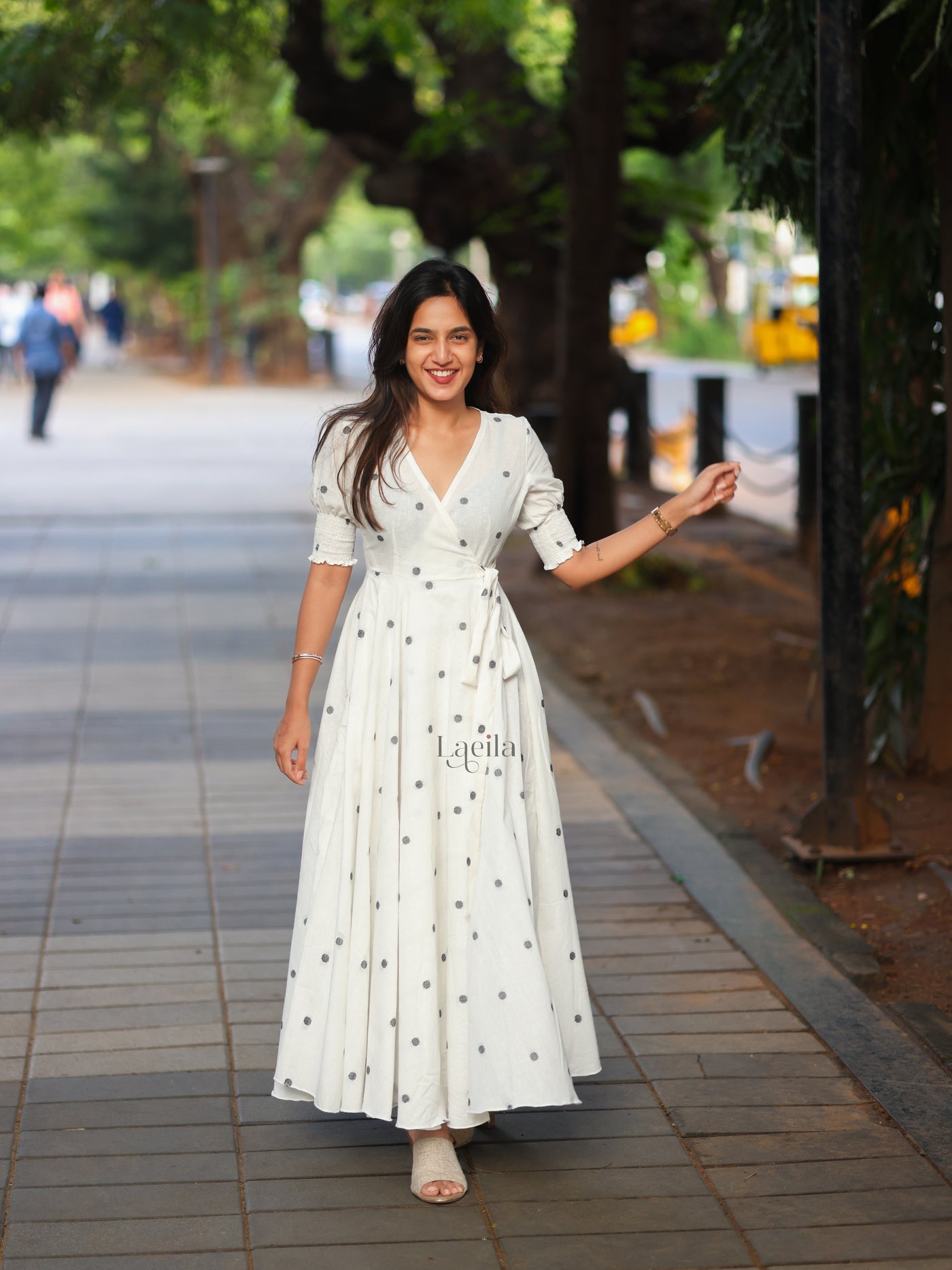 White Polka dots Cotton warp gown Studio Thari White Polka dots Cotton warp gown Studio Thari