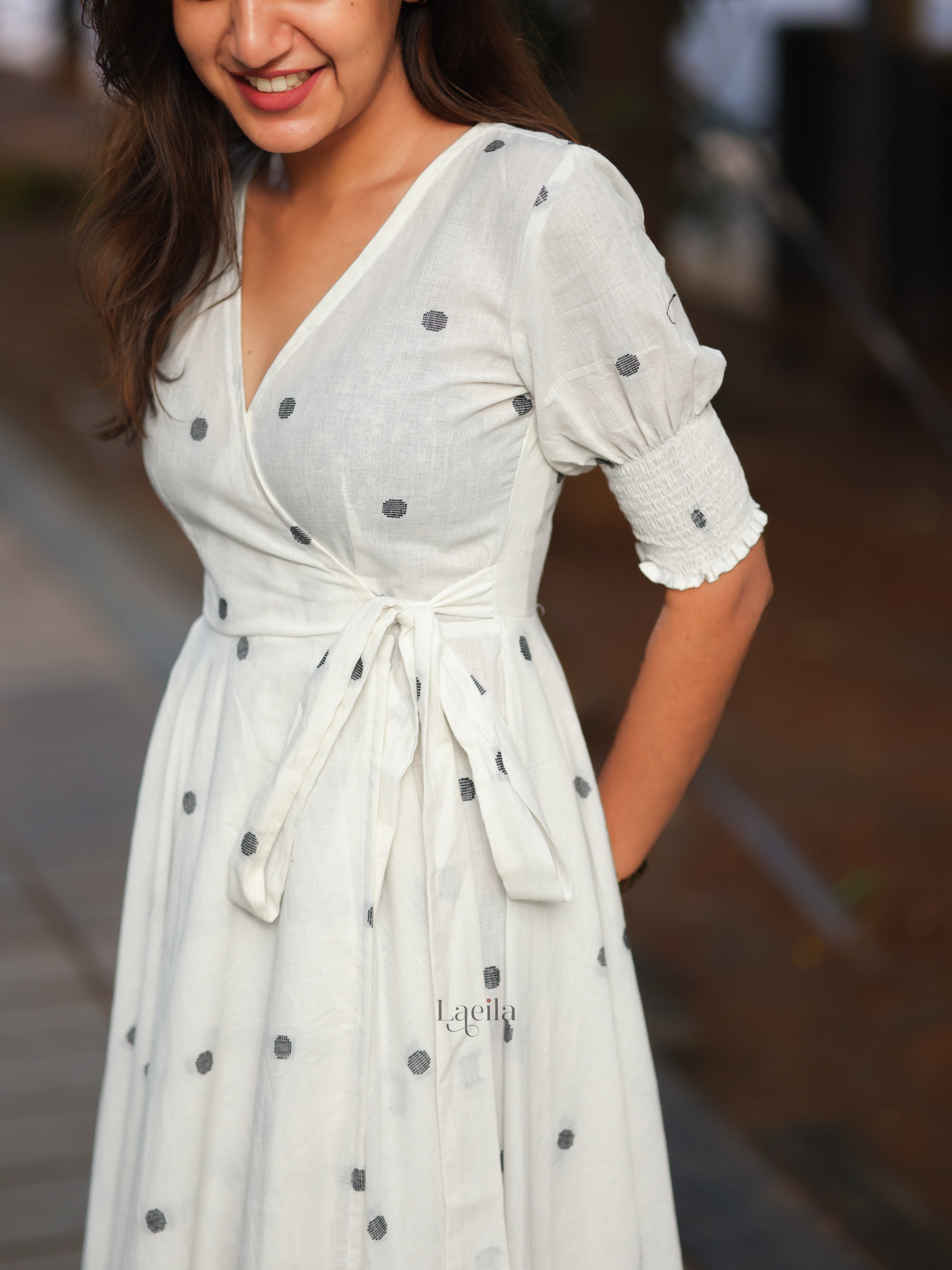 White Polka dots Cotton warp gown