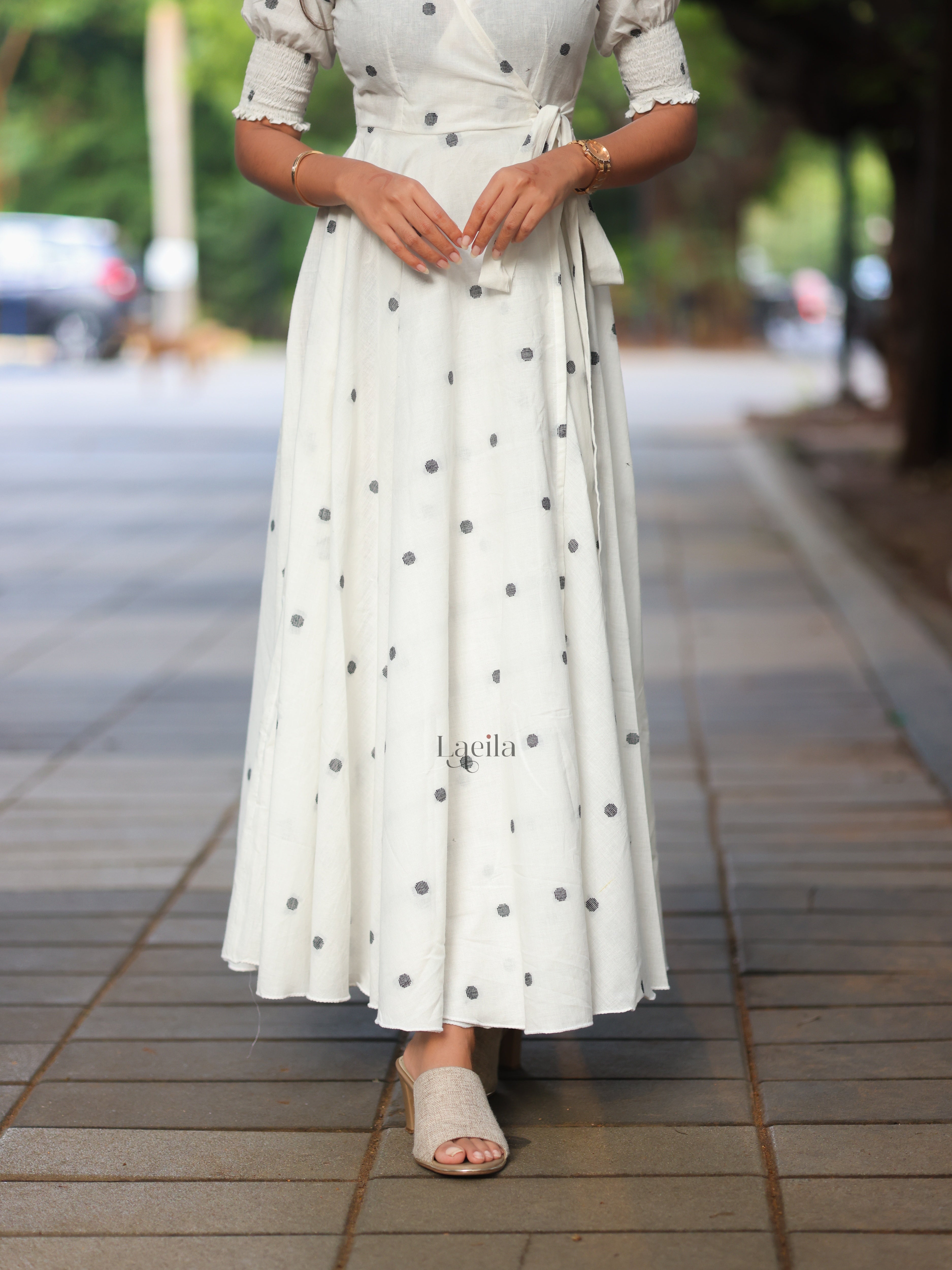 White Polka dots Cotton warp gown