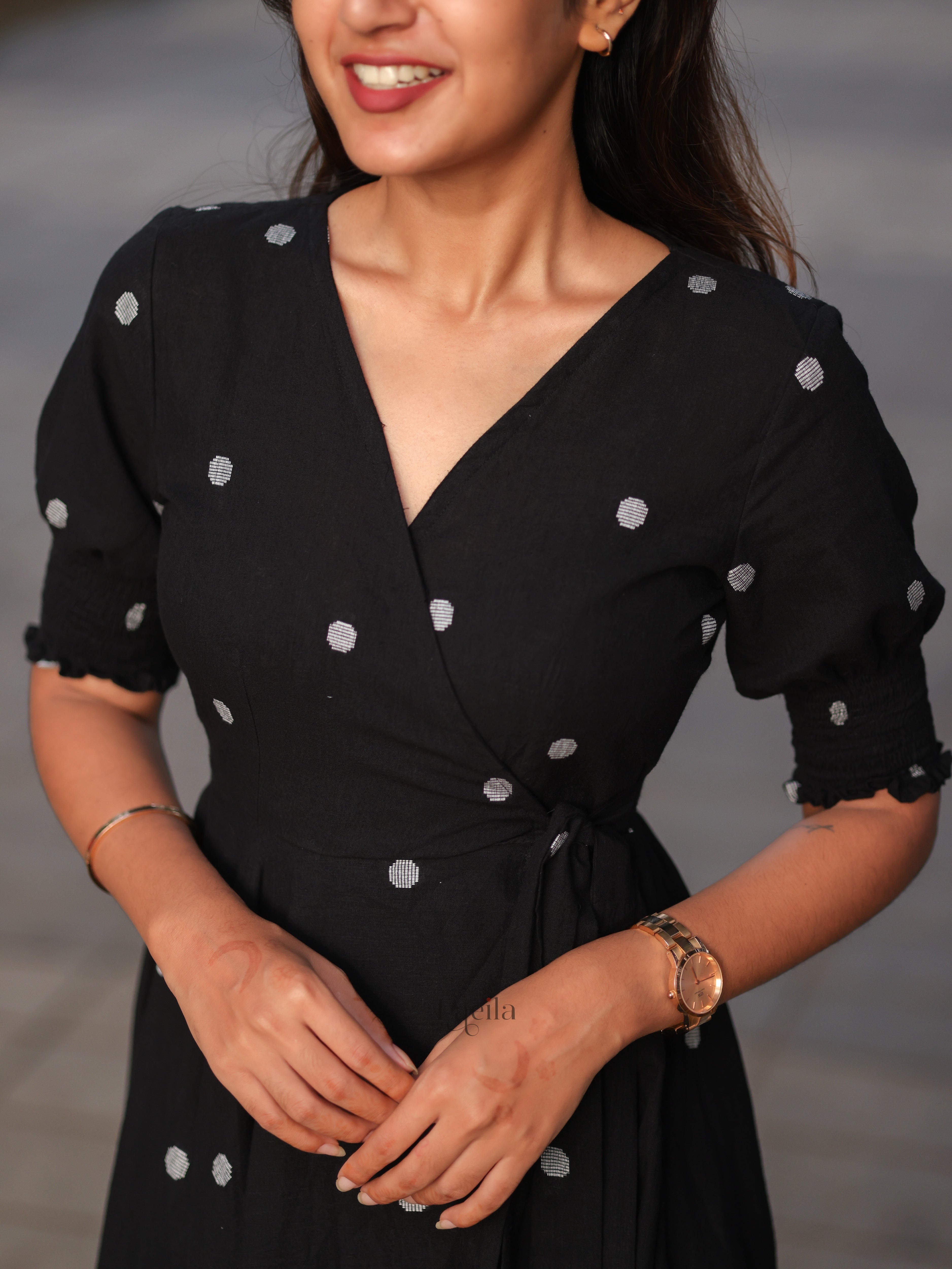 Black Polka dots Cotton warp gown