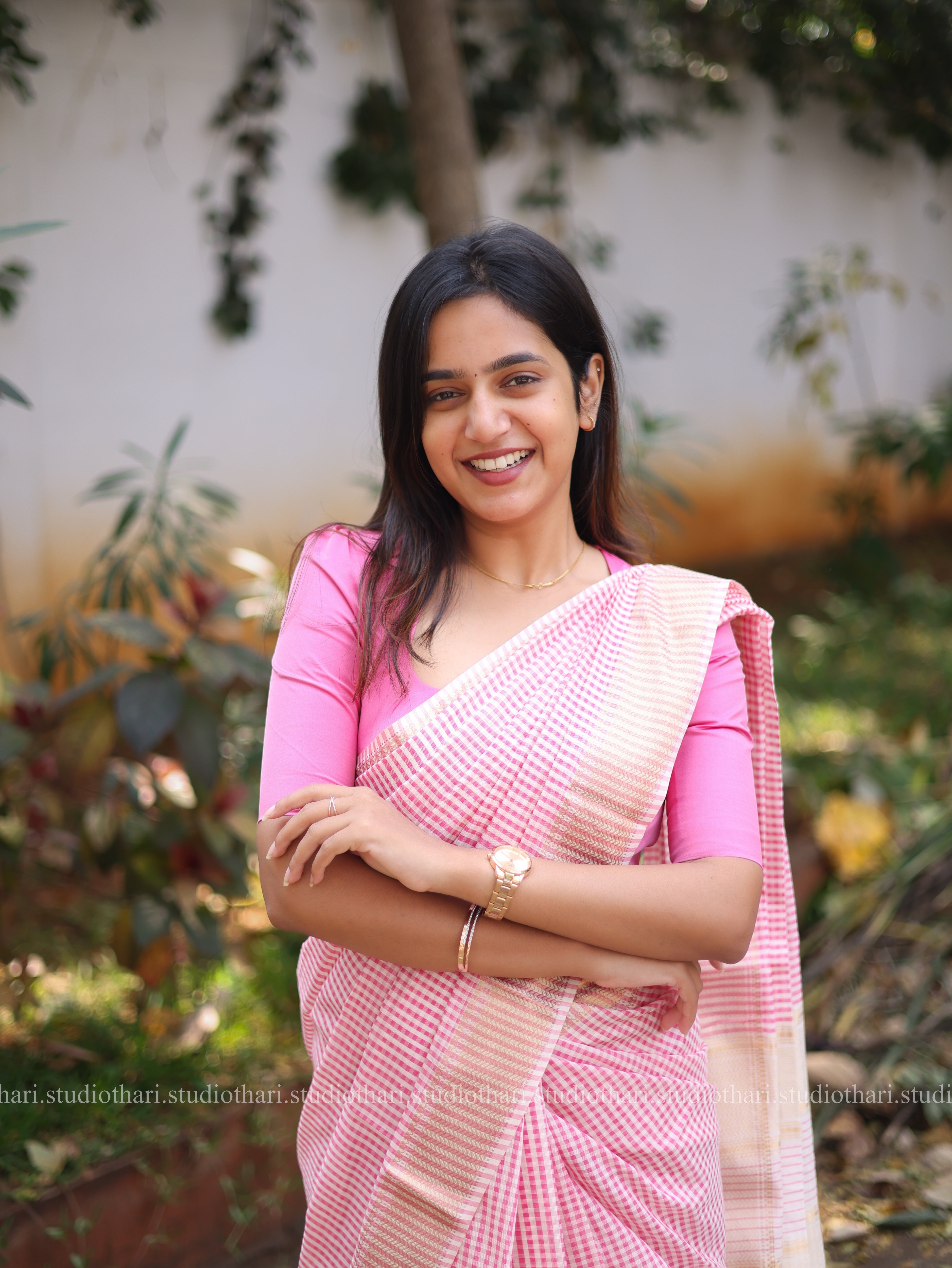 Pink Maheshwari checked saree