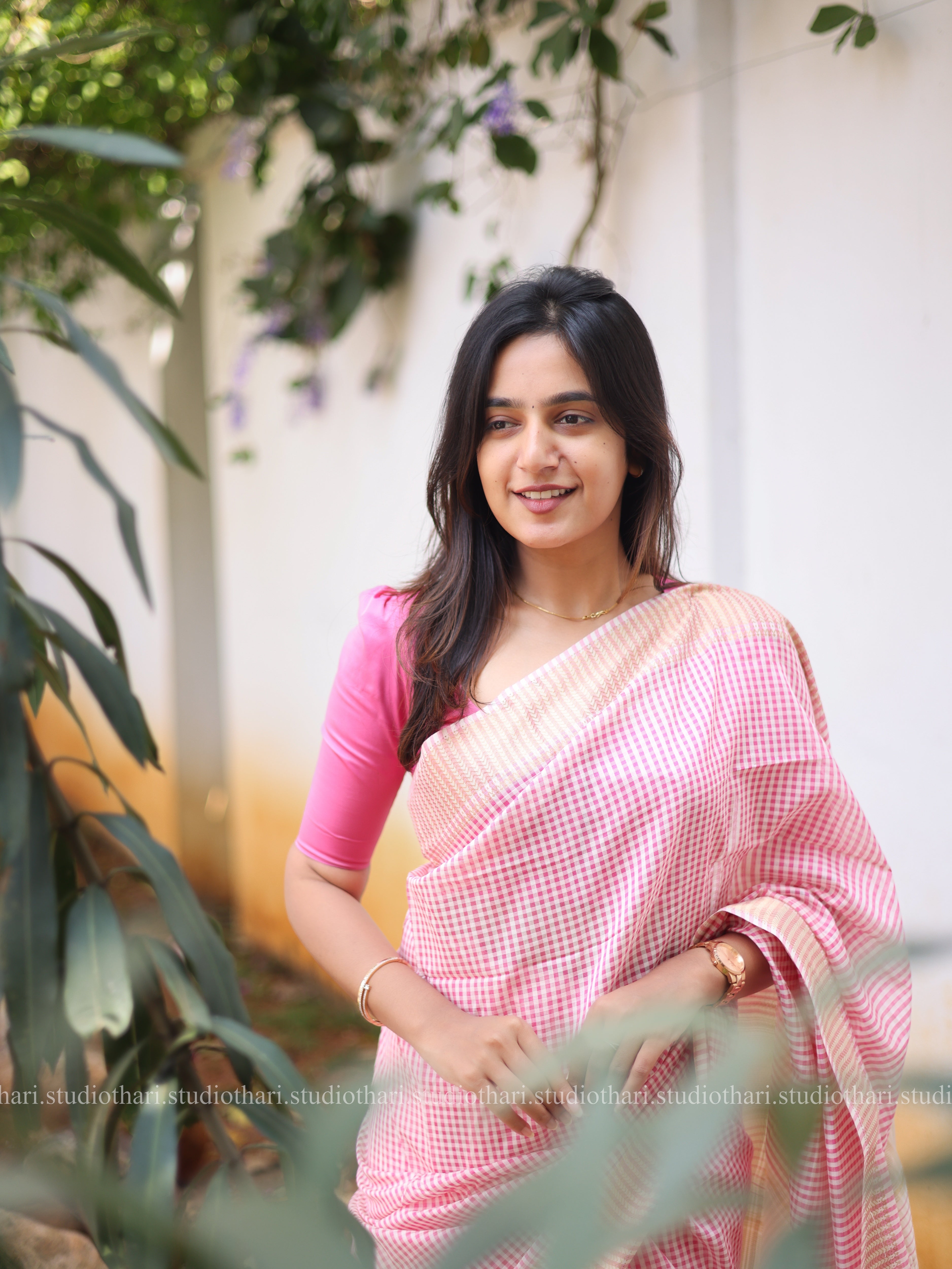 Pink Maheshwari checked saree