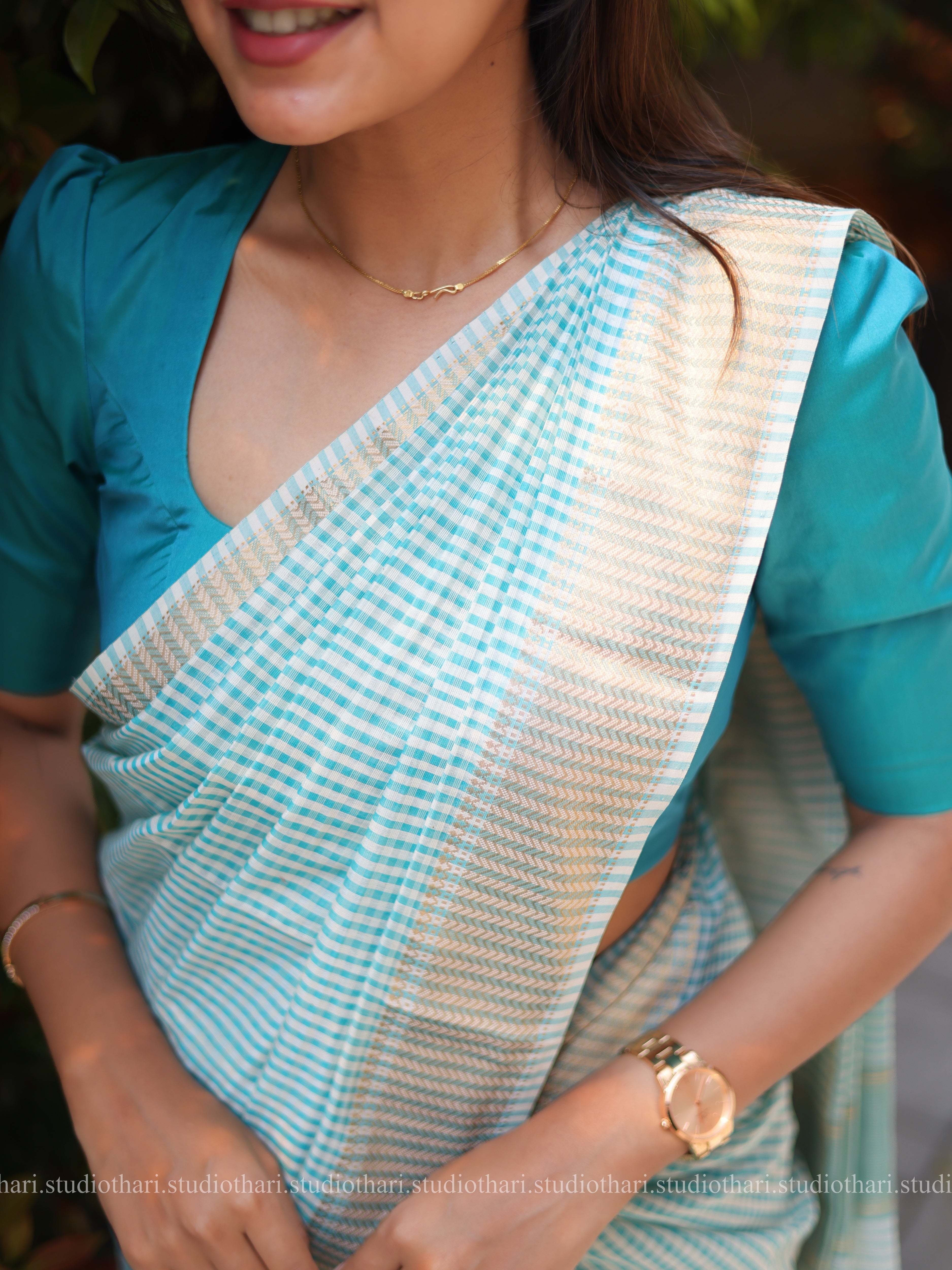 Blue Maheshwari checked saree