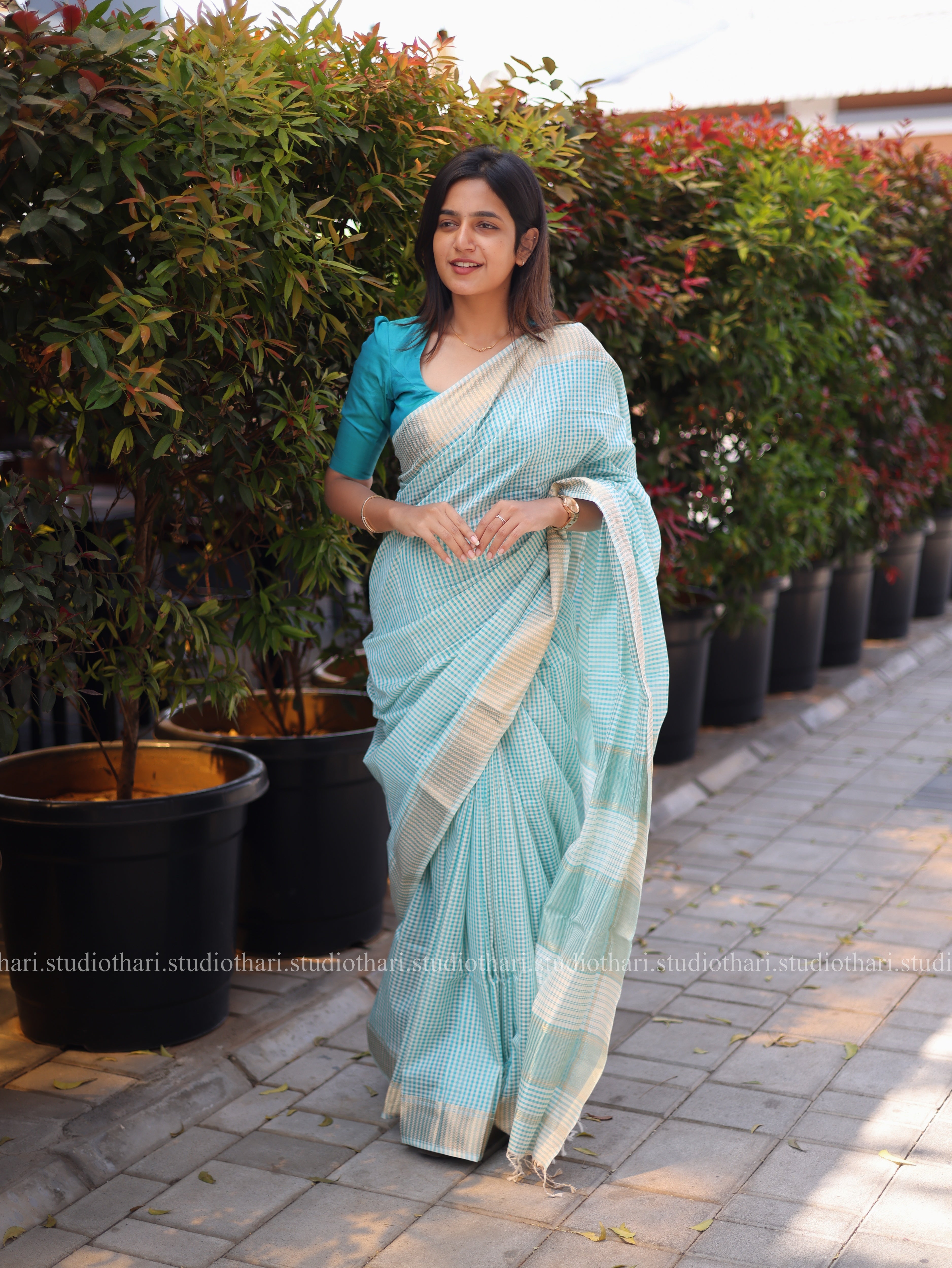 Blue Maheshwari checked saree