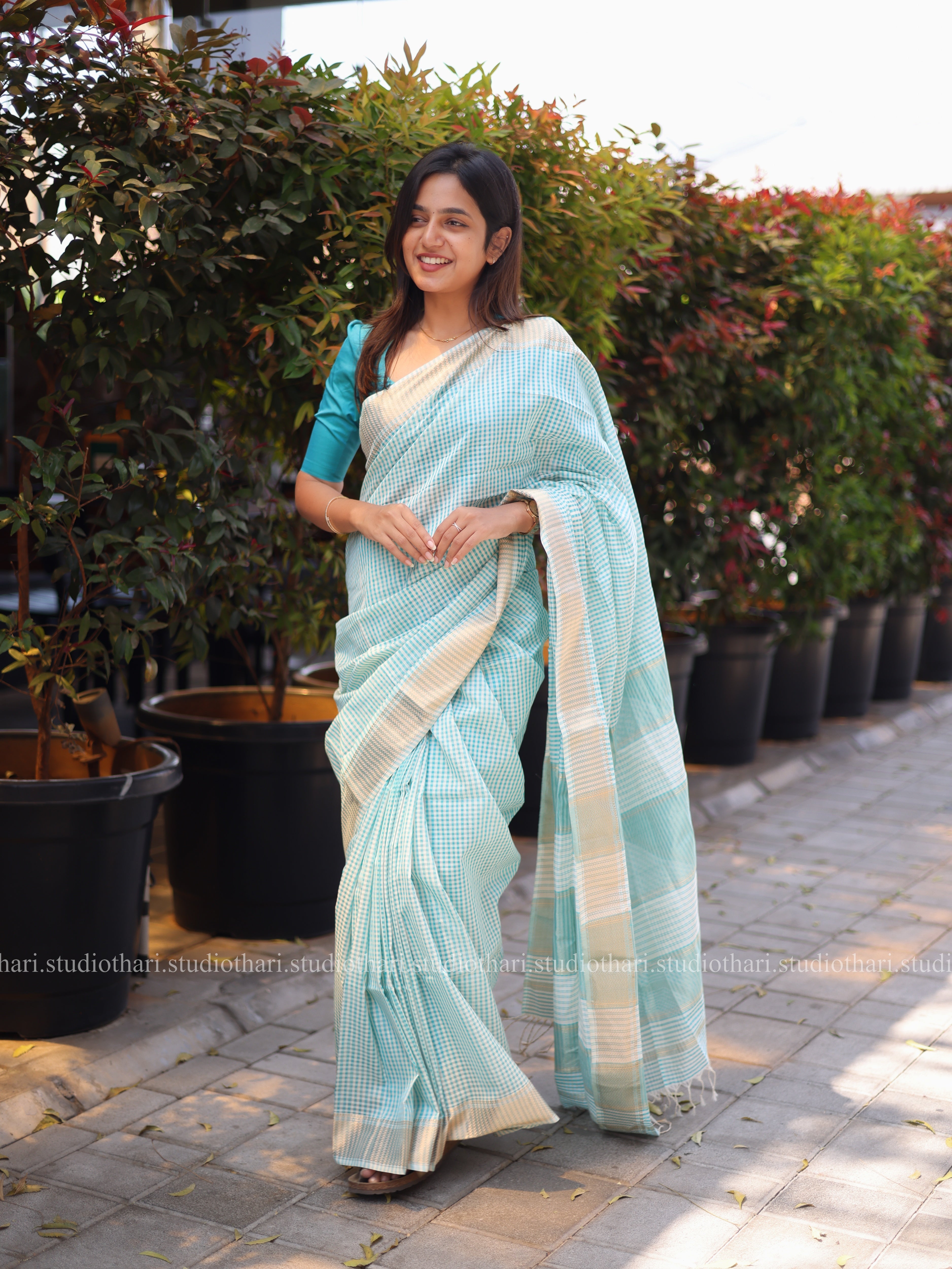 Blue Maheshwari checked saree