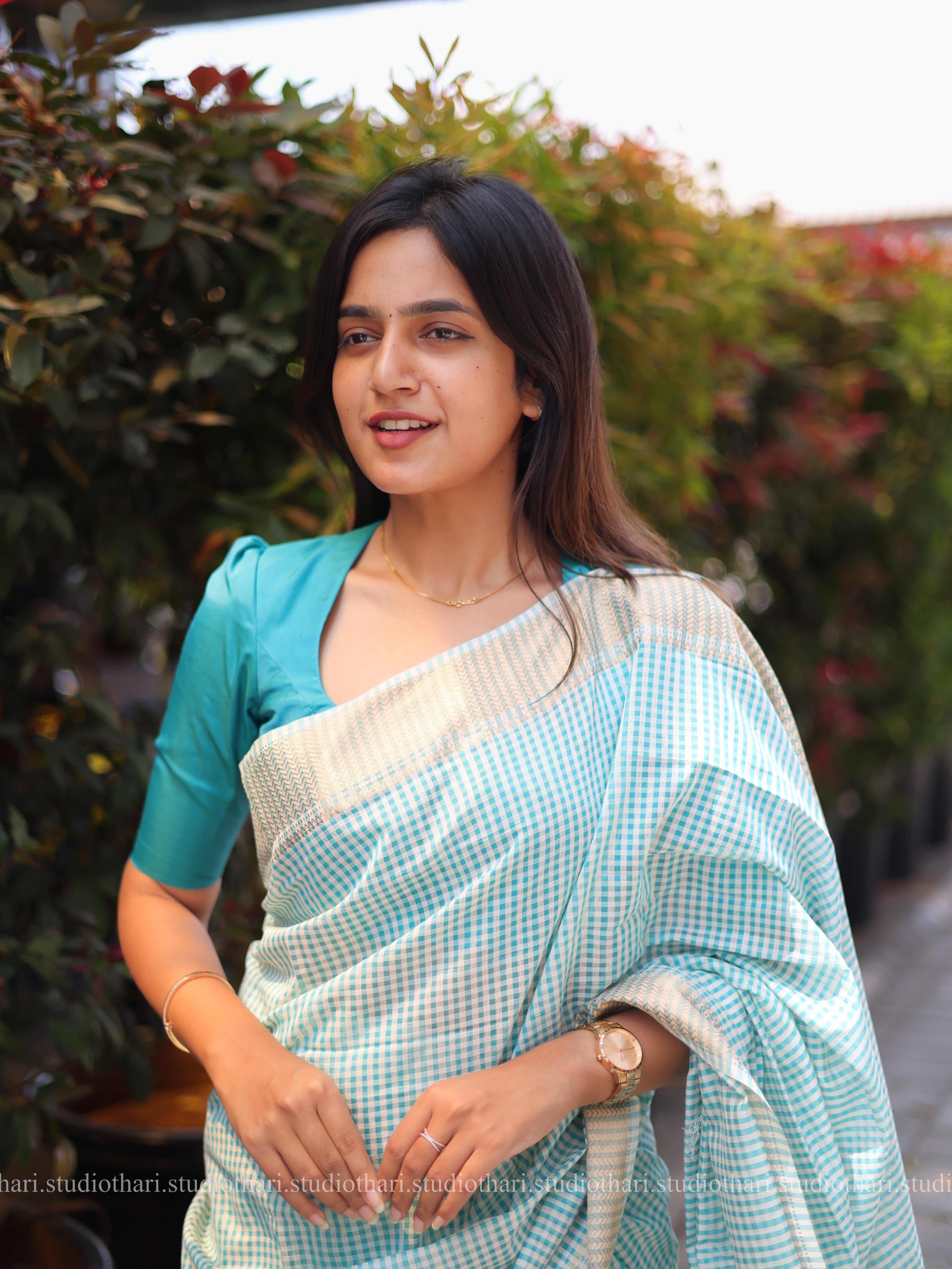 Blue Maheshwari checked saree