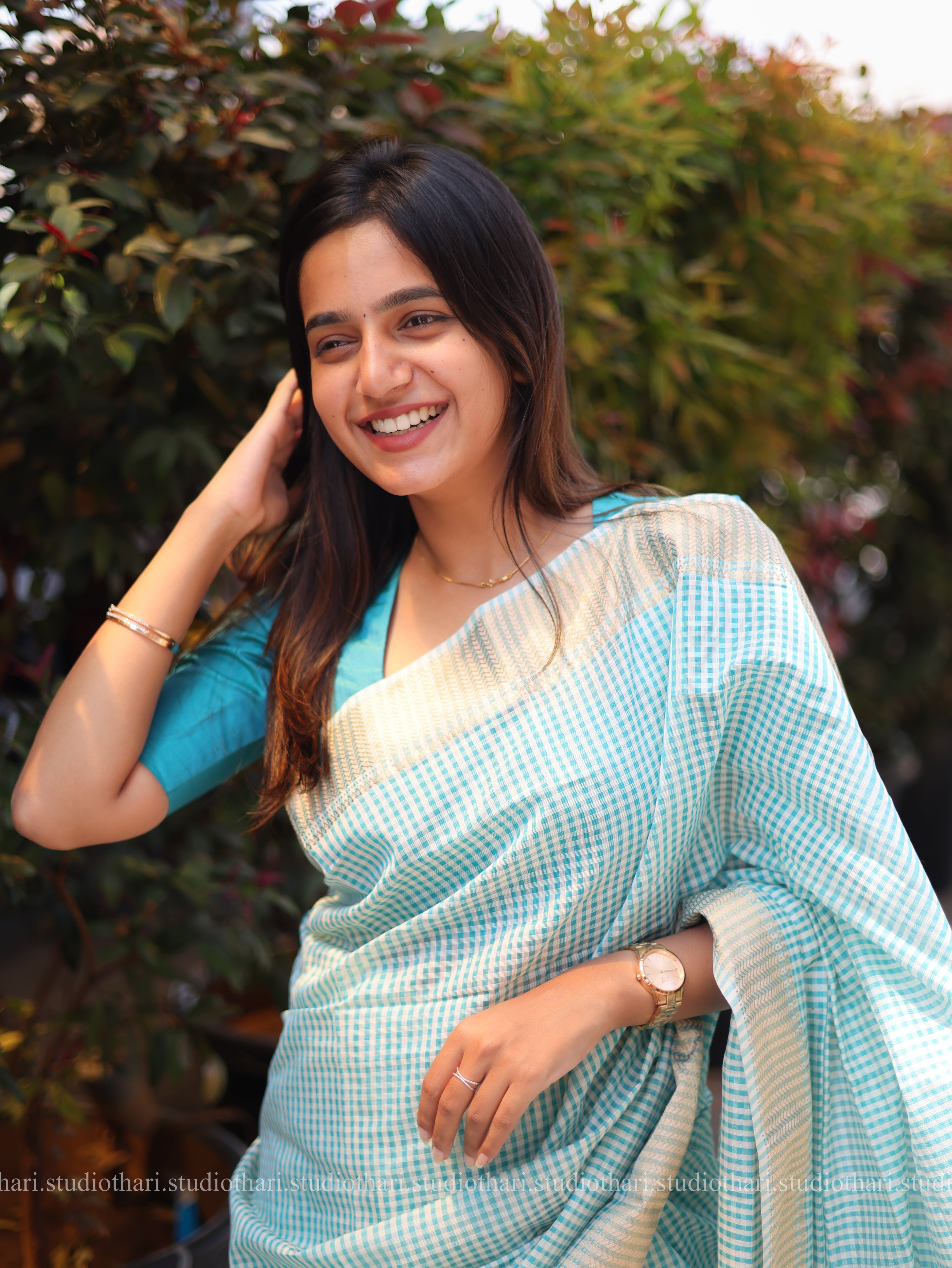 Blue Maheshwari checked saree