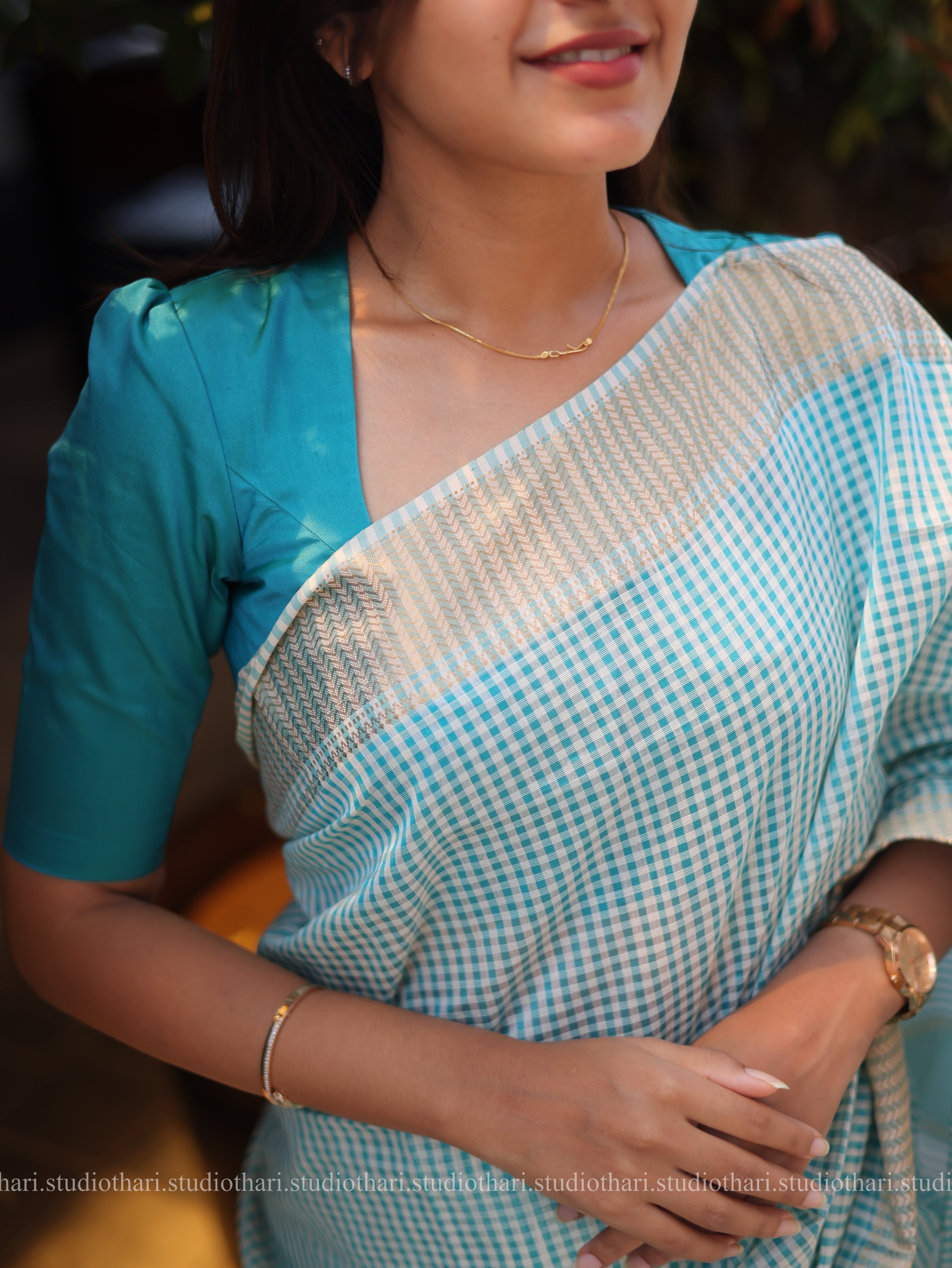 Blue Maheshwari checked saree