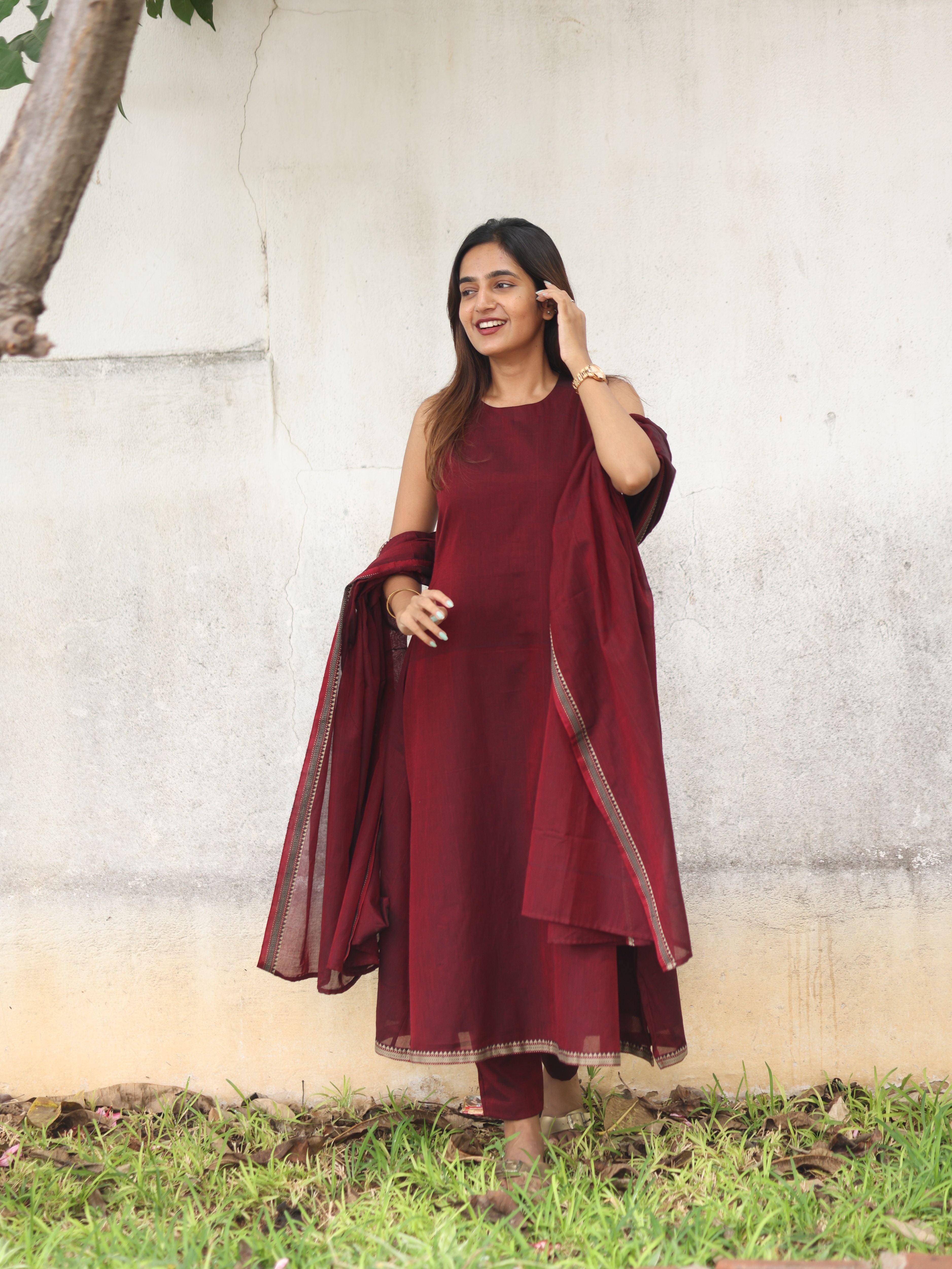 Maroon Malar Narayanpet Set (Top & Dupatta)
