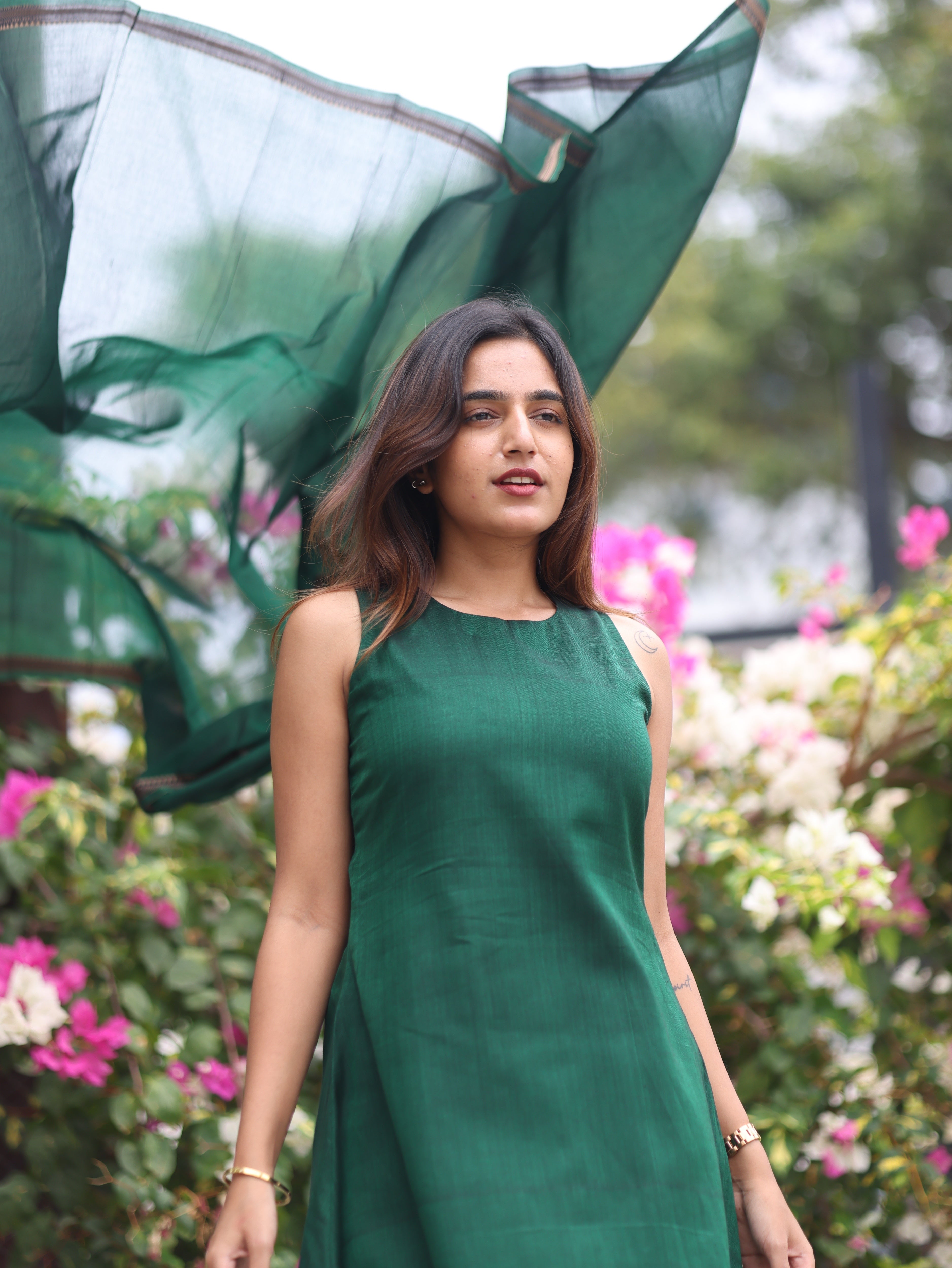 Green Malar Narayanpet Set (Top & Dupatta)