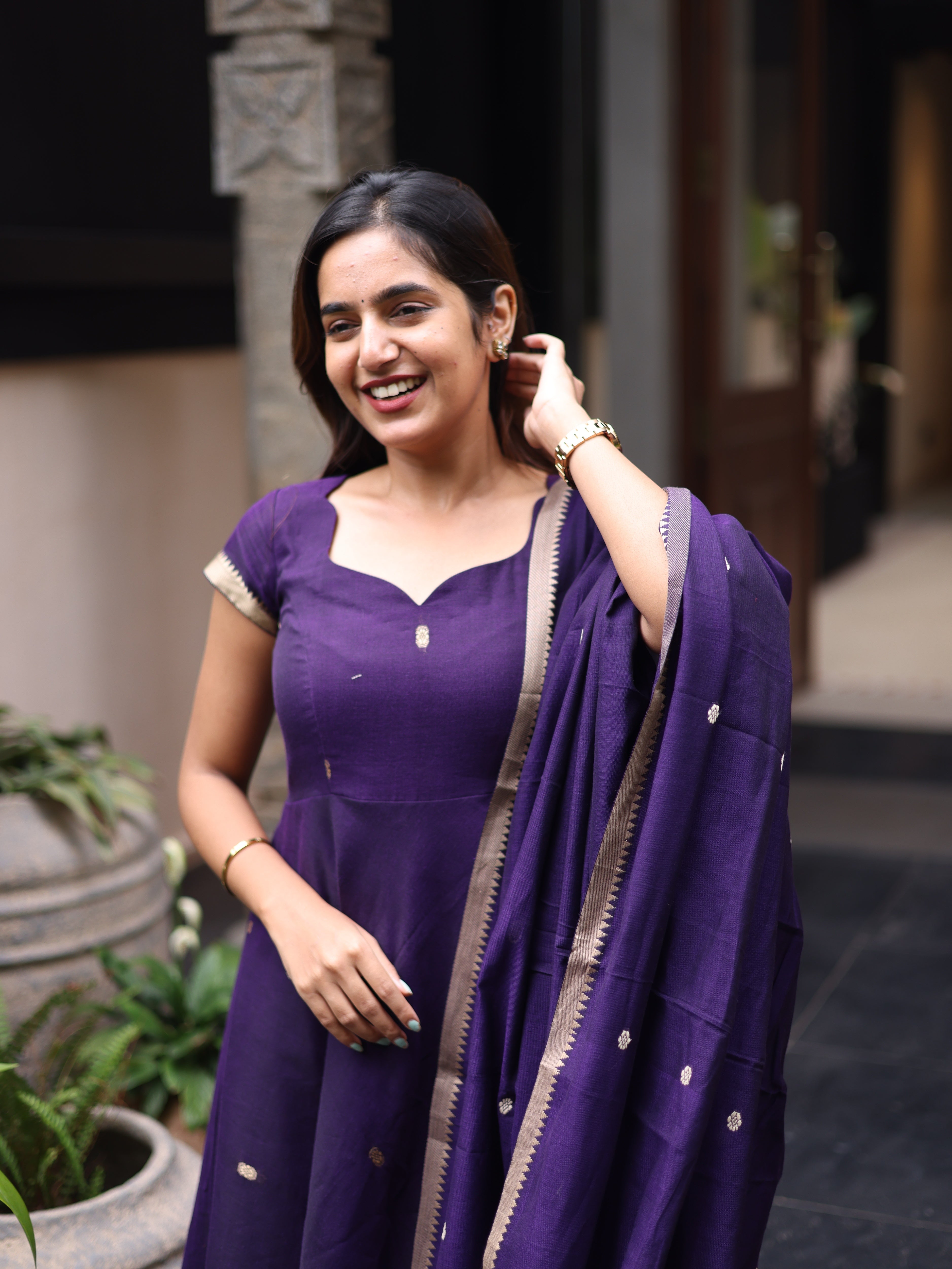Purple Malar Narayanpet Anarkali Top & Dupatta