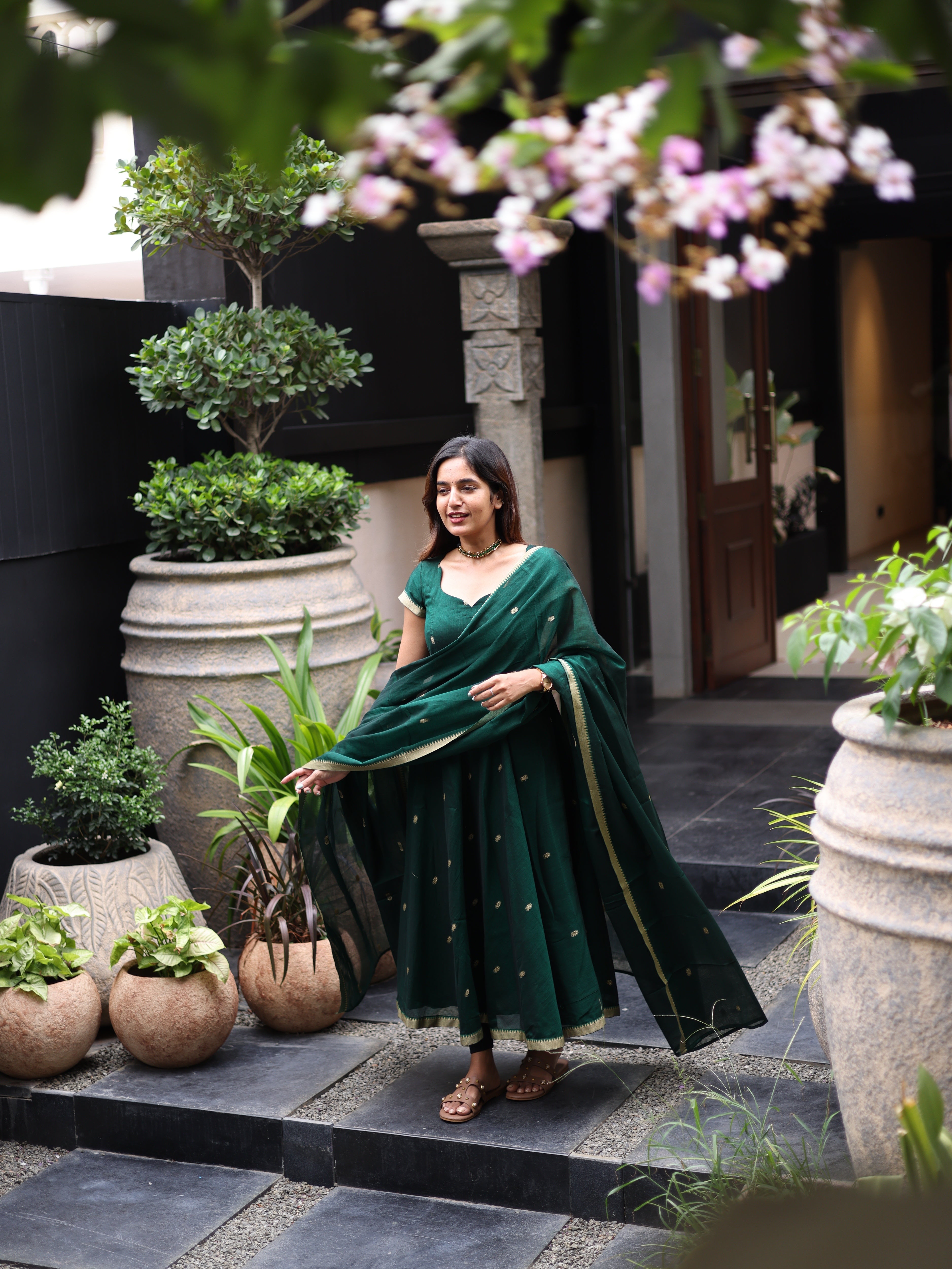 Green Malar Narayanpet Anarkali Top & Dupatta