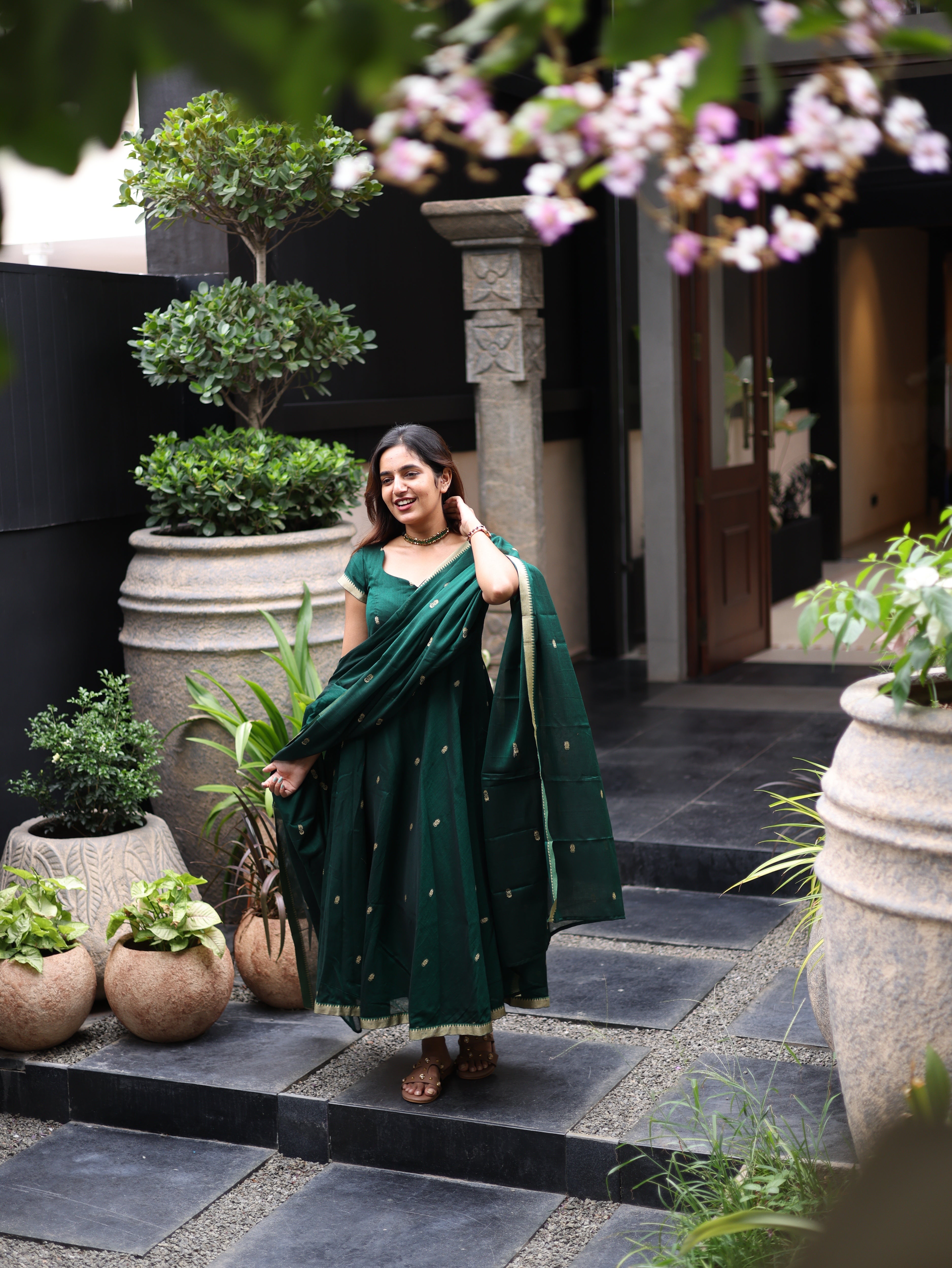 Green Malar Narayanpet Anarkali Top & Dupatta