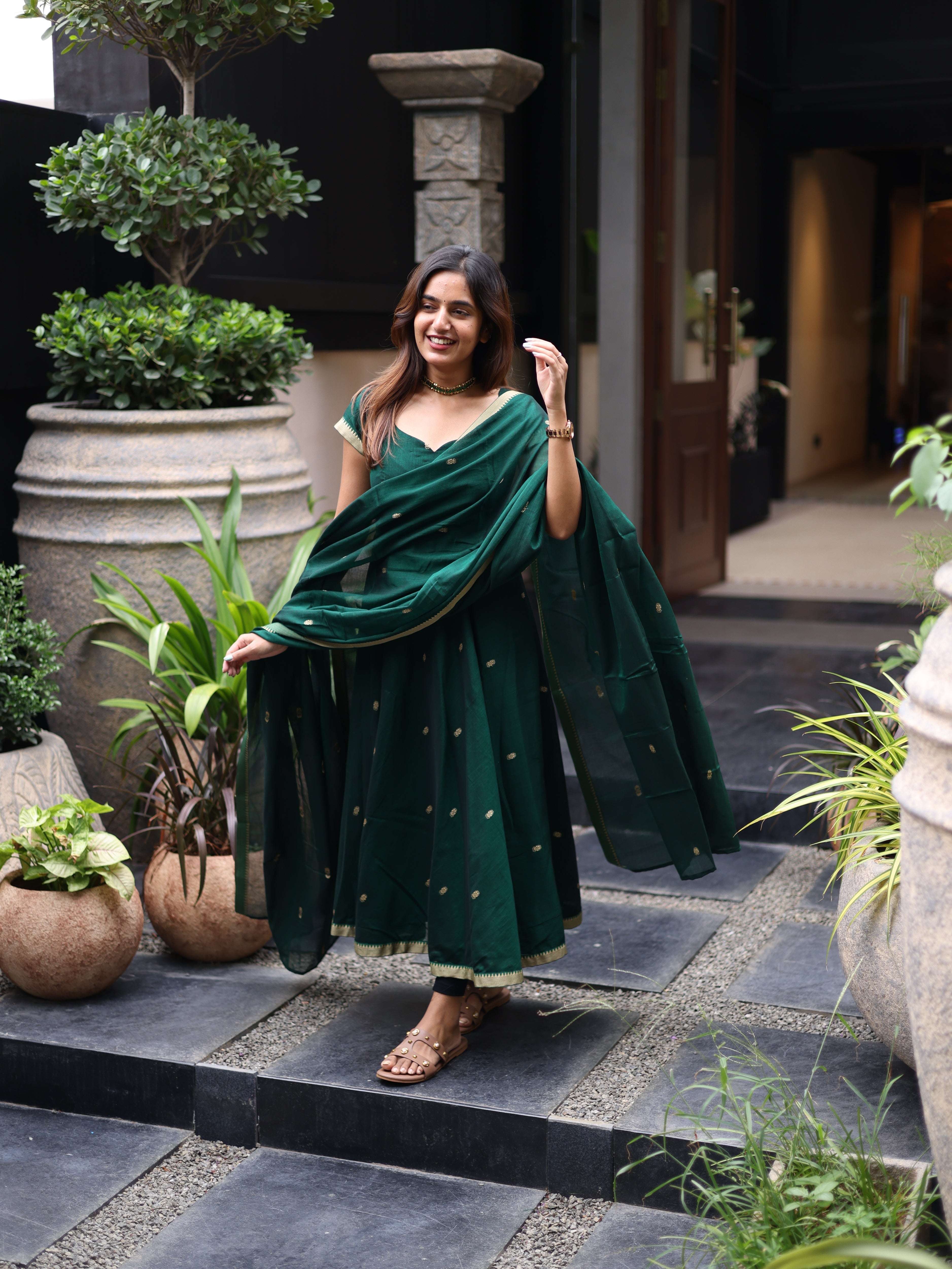 Green Malar Narayanpet Anarkali Top & Dupatta