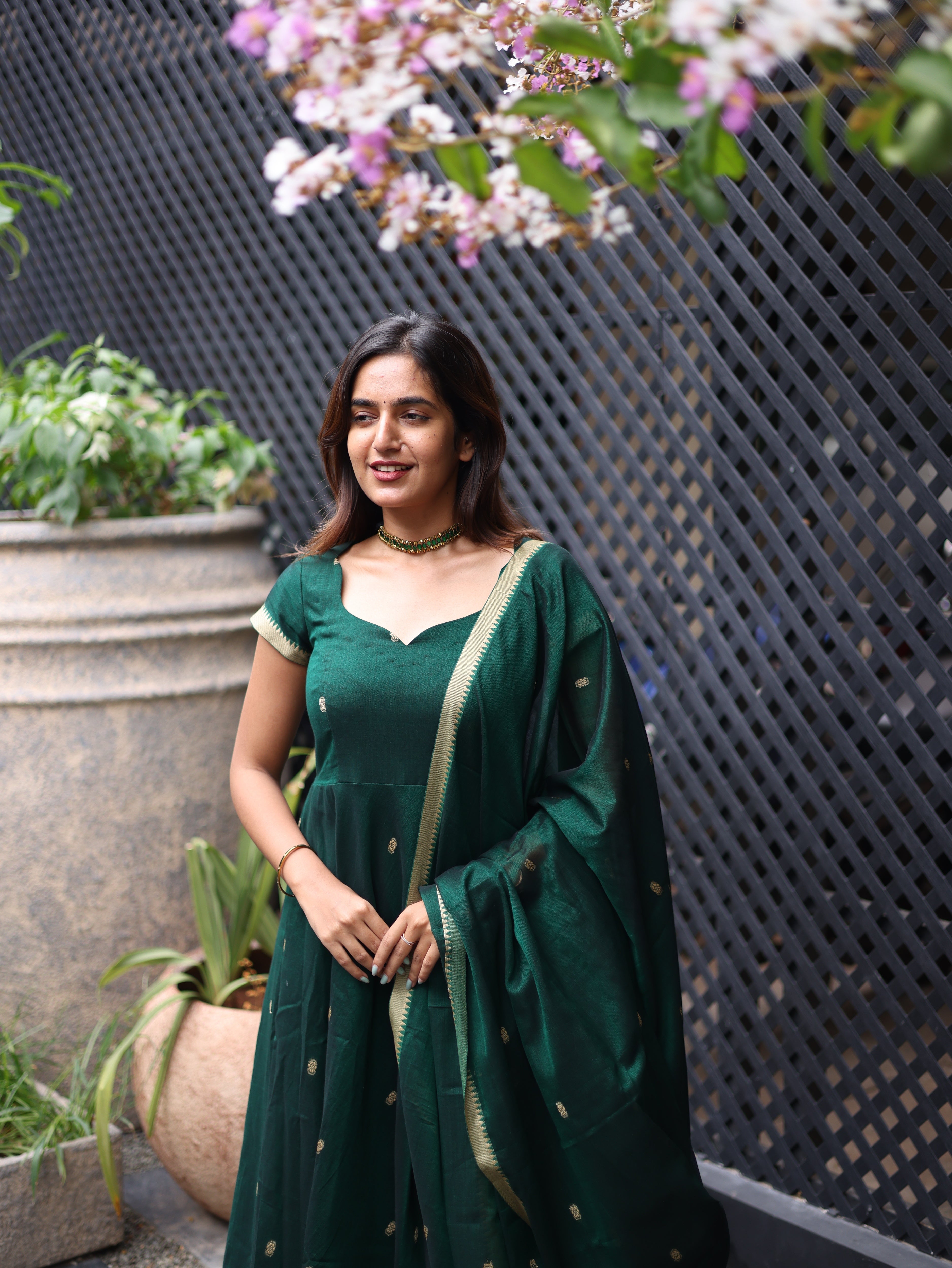Green Malar Narayanpet Anarkali Top & Dupatta