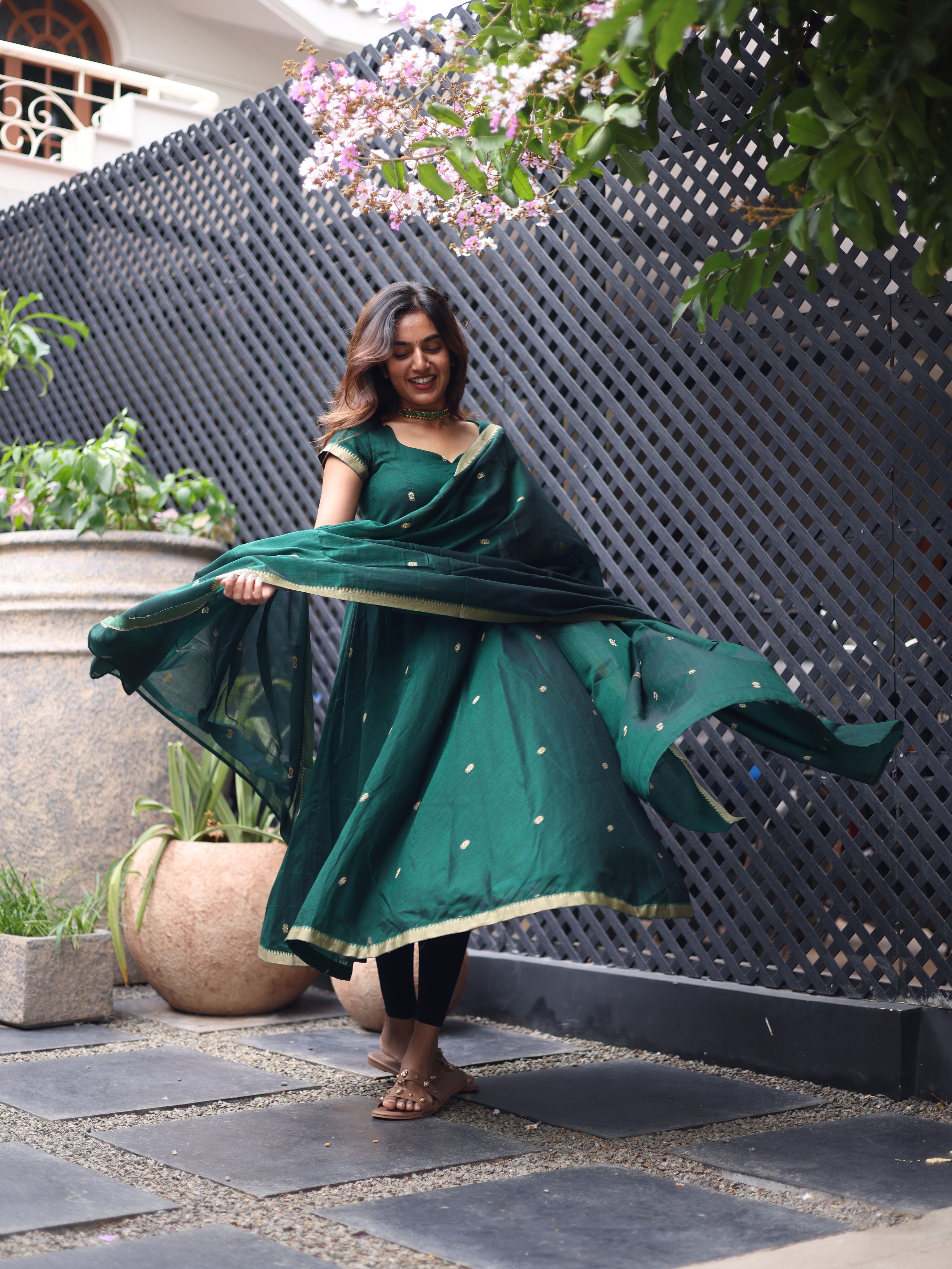 Green Malar Narayanpet Anarkali Top & Dupatta