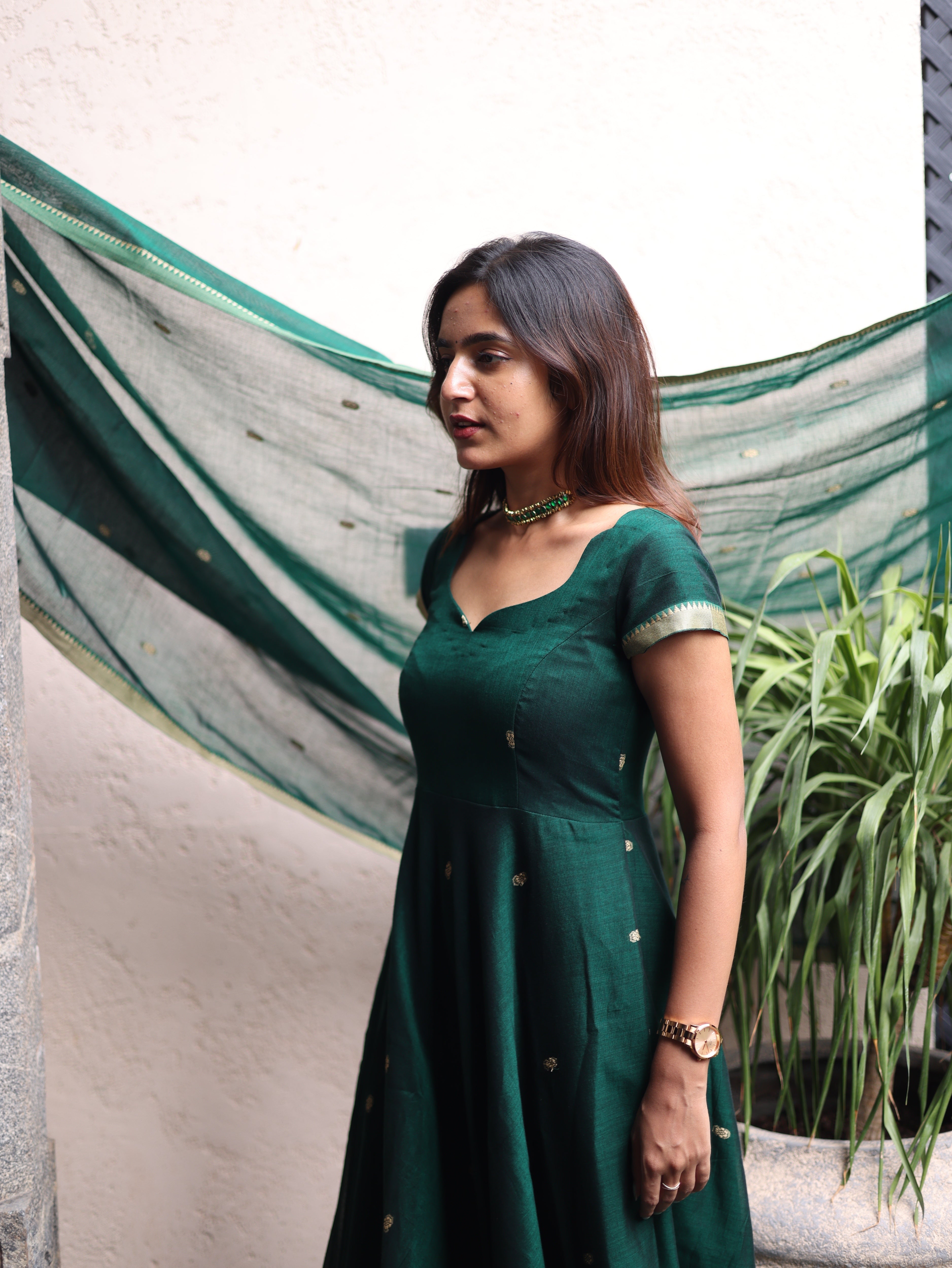 Green Malar Narayanpet Anarkali Top & Dupatta
