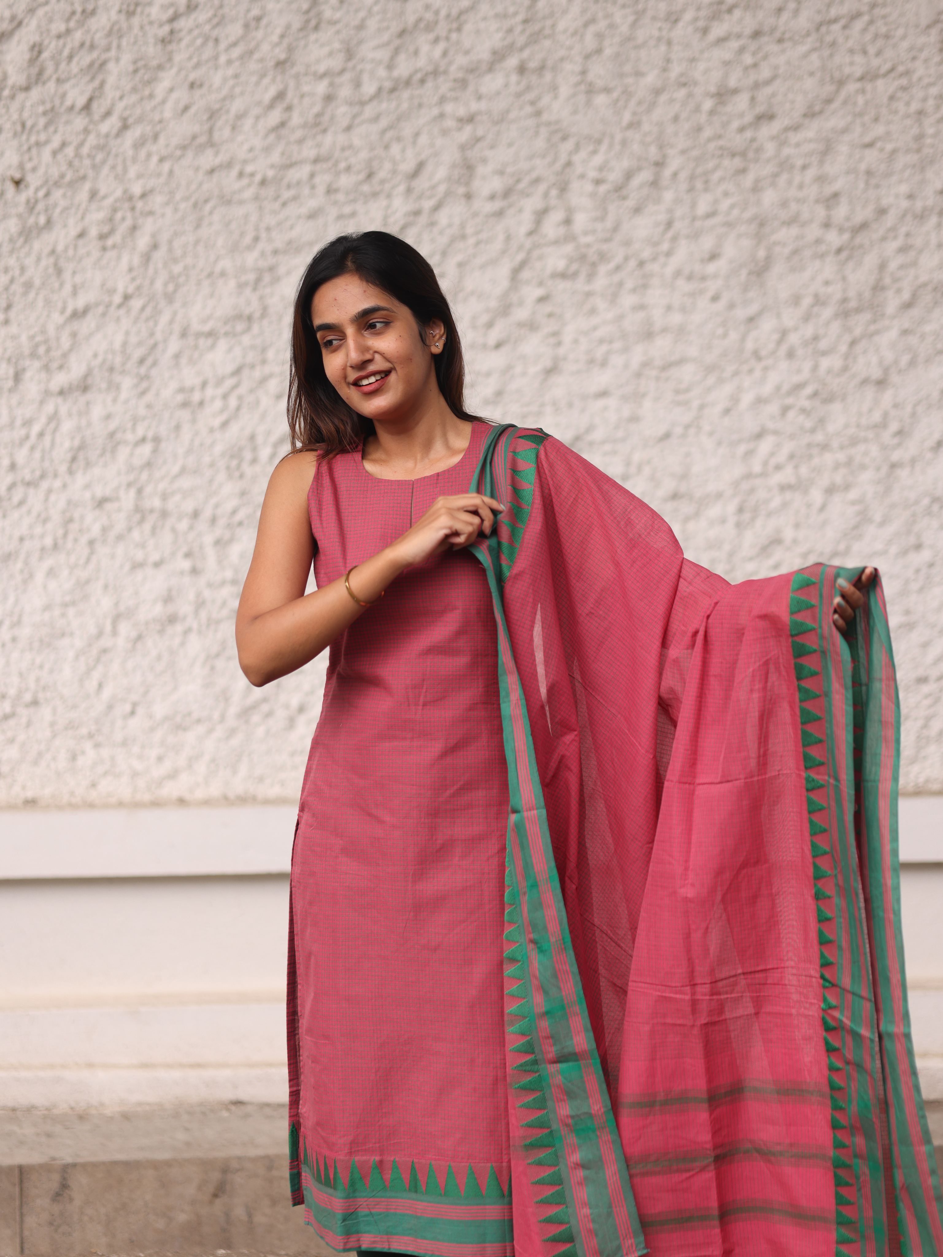 Pink checks kanchi cotton top and dupatta
