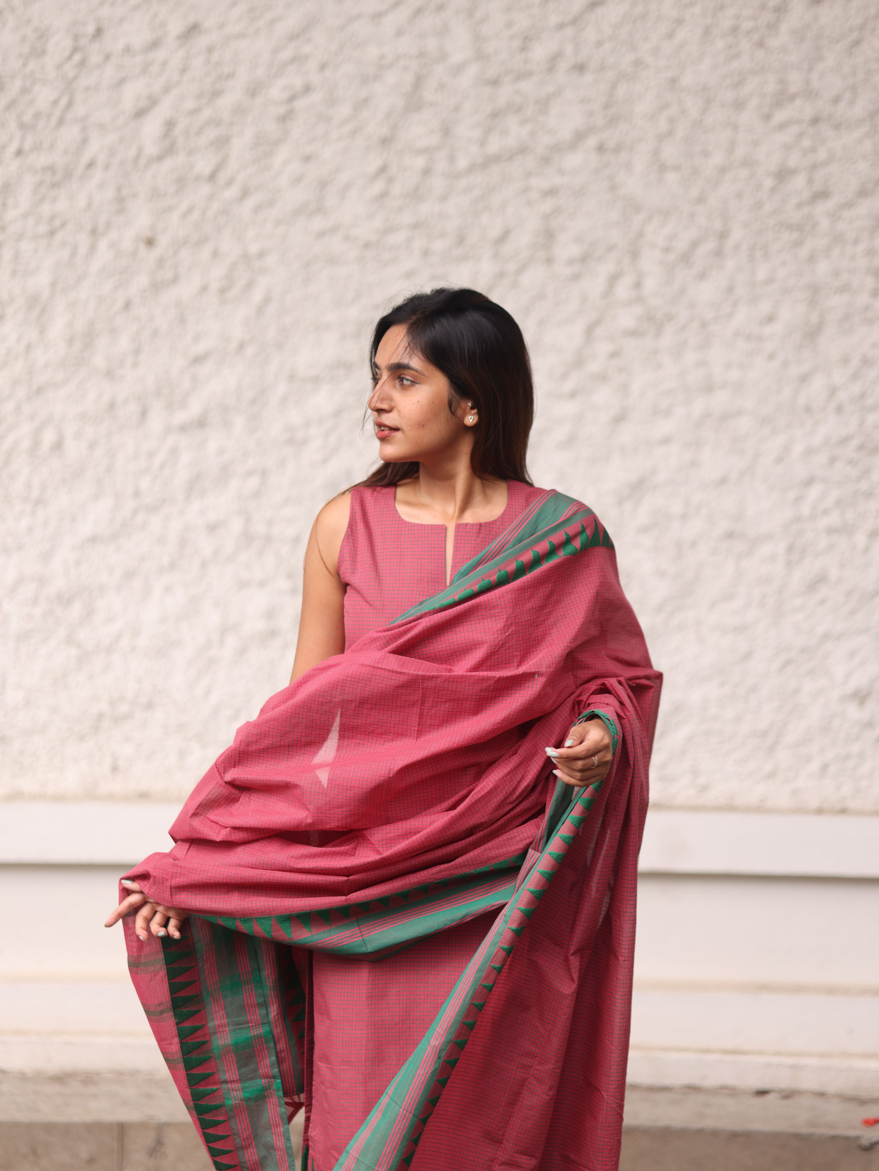Pink checks kanchi cotton top and dupatta