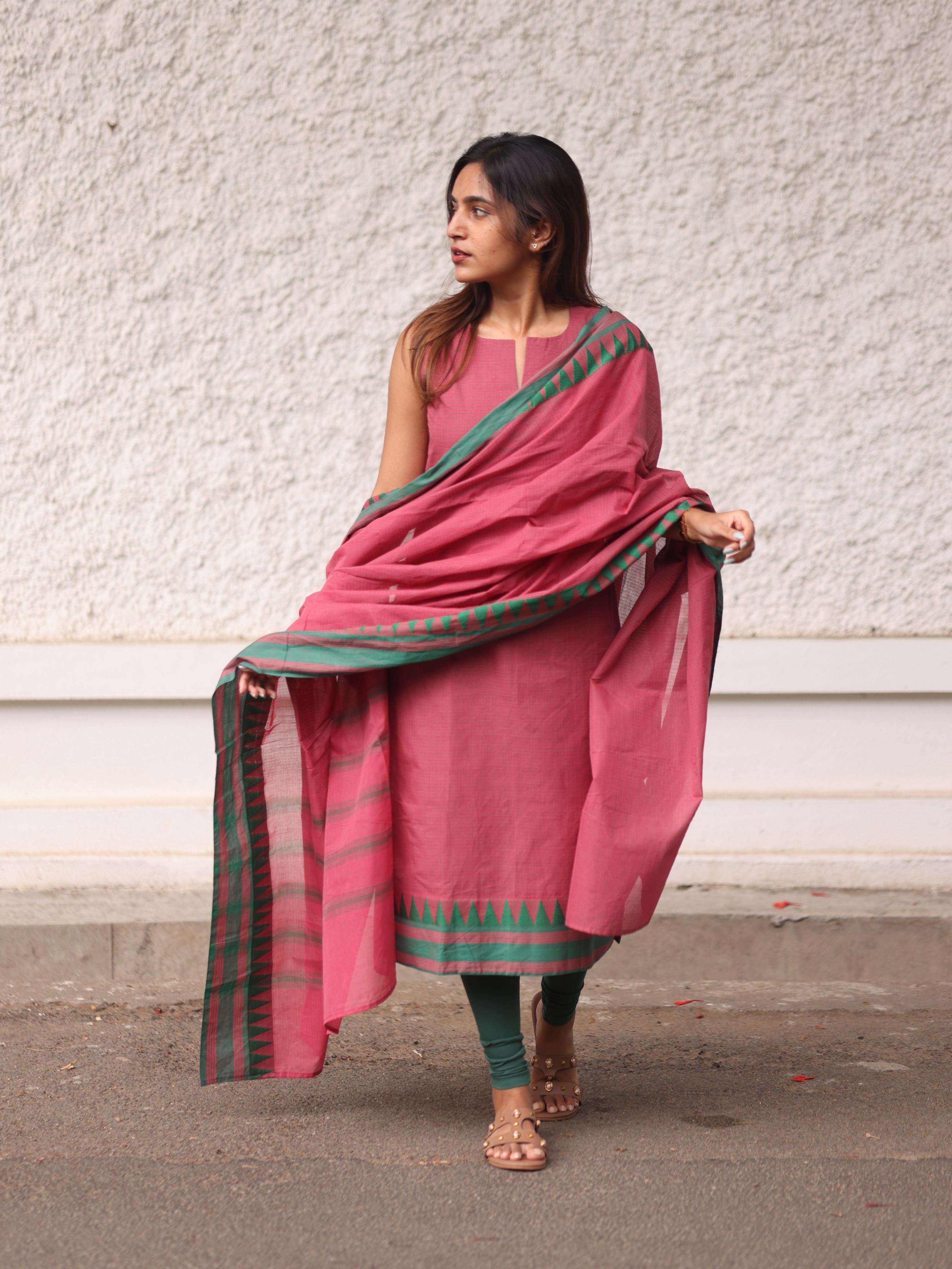 Pink checks kanchi cotton top and dupatta