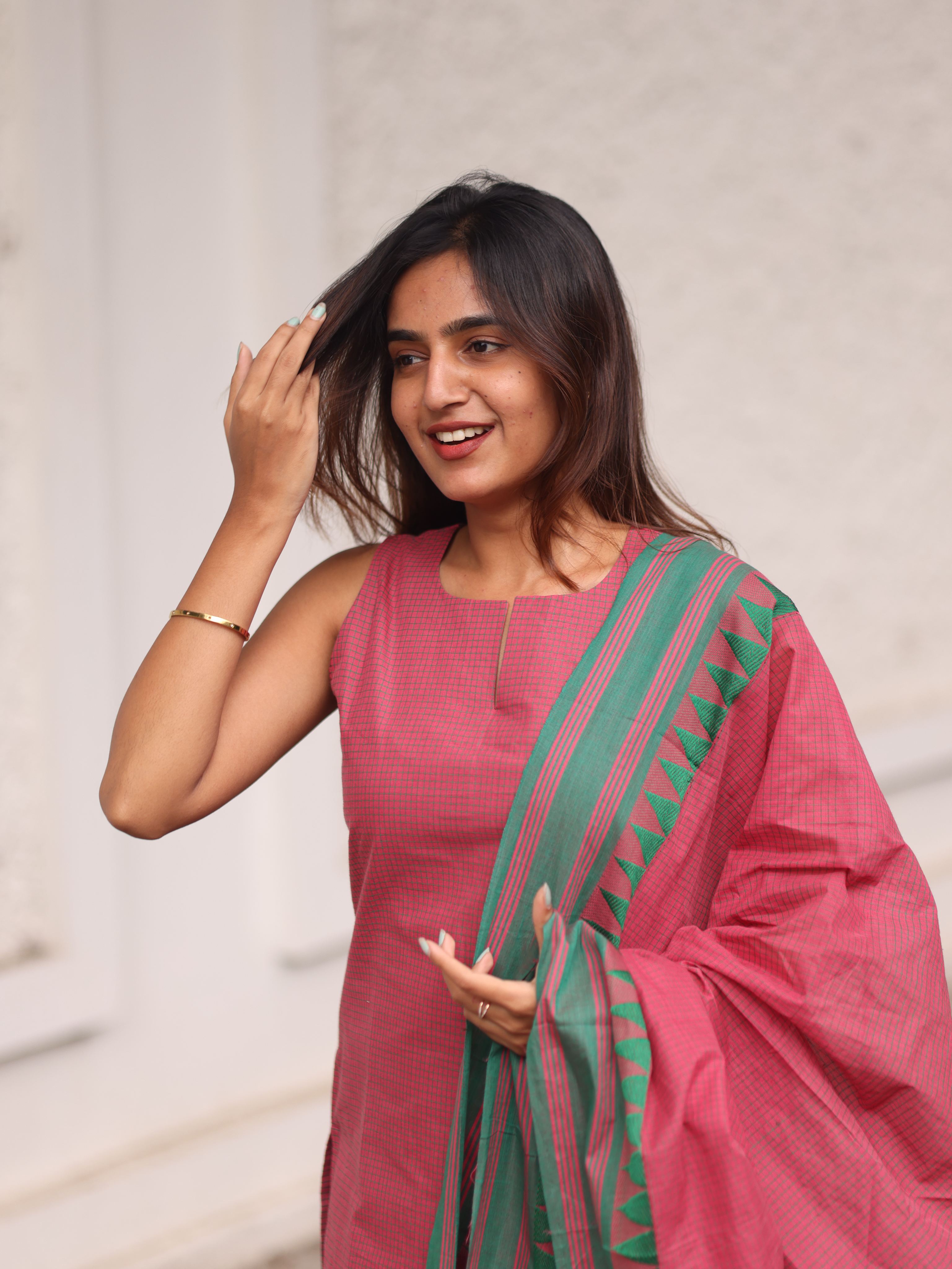 Pink checks kanchi cotton top and dupatta