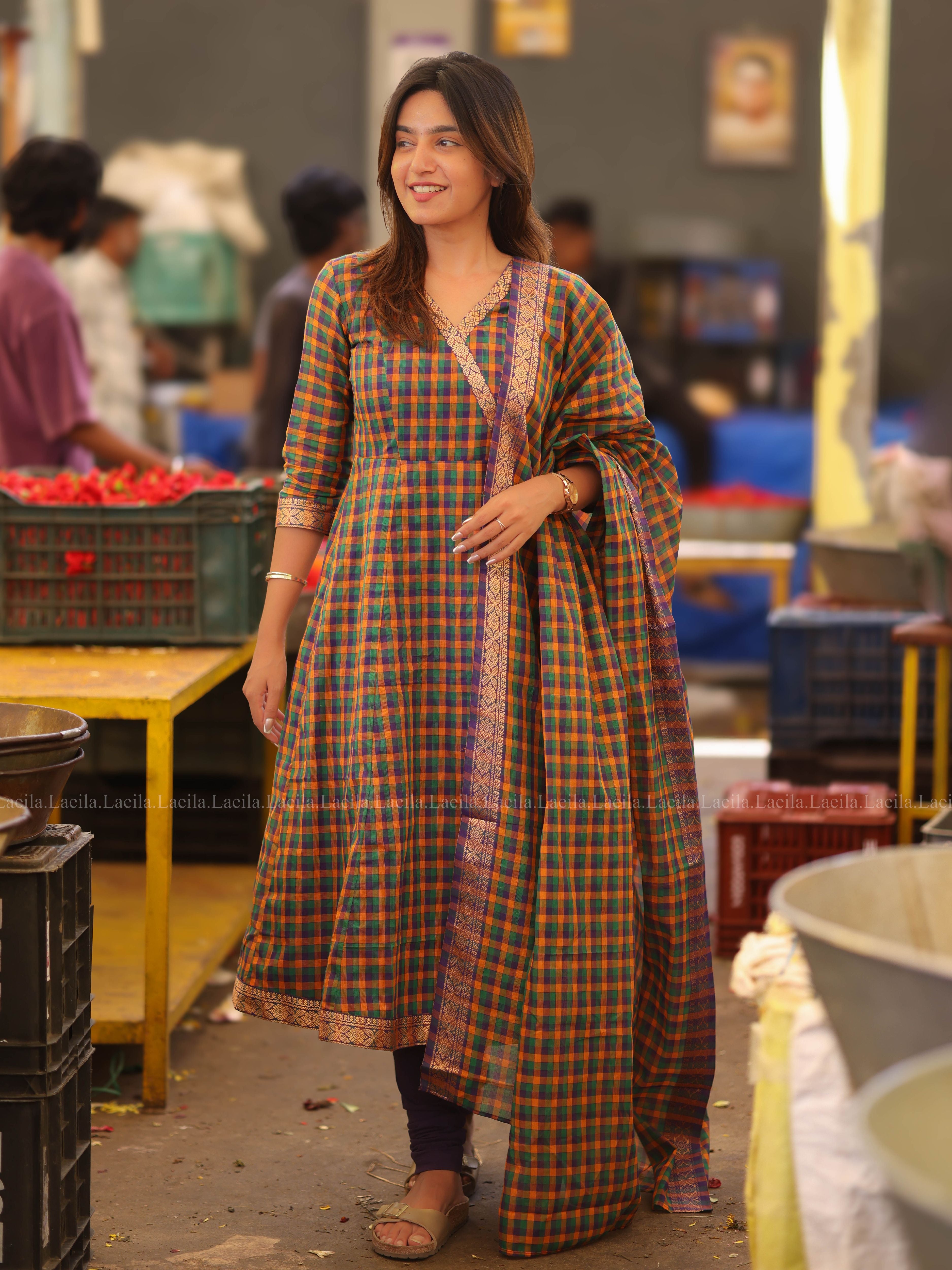 Madras Checks Anarkali Two Piece Set