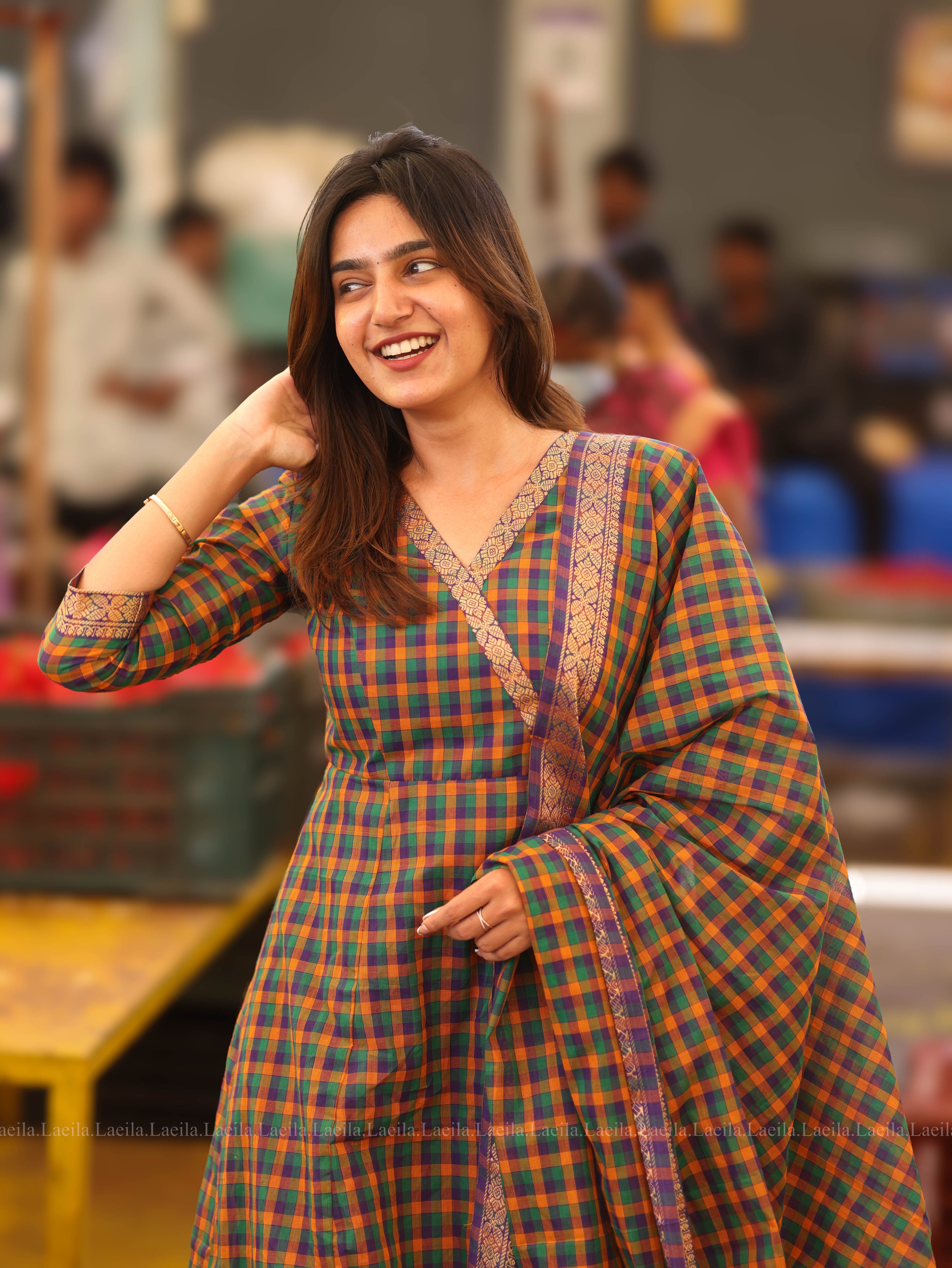 Madras Checks Anarkali Two Piece Set