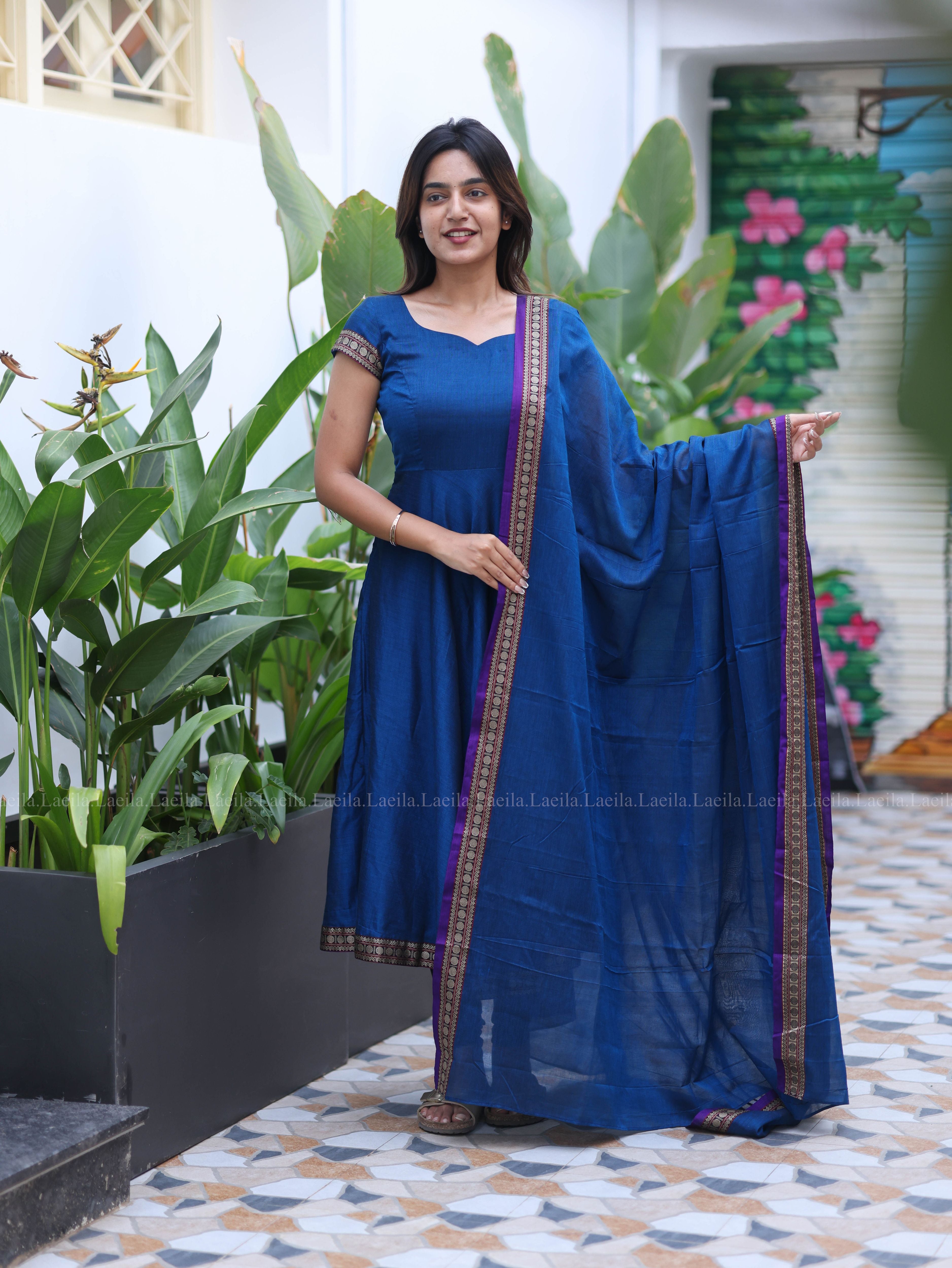Blue Malar Narayanpet Anarkali Top & Dupatta