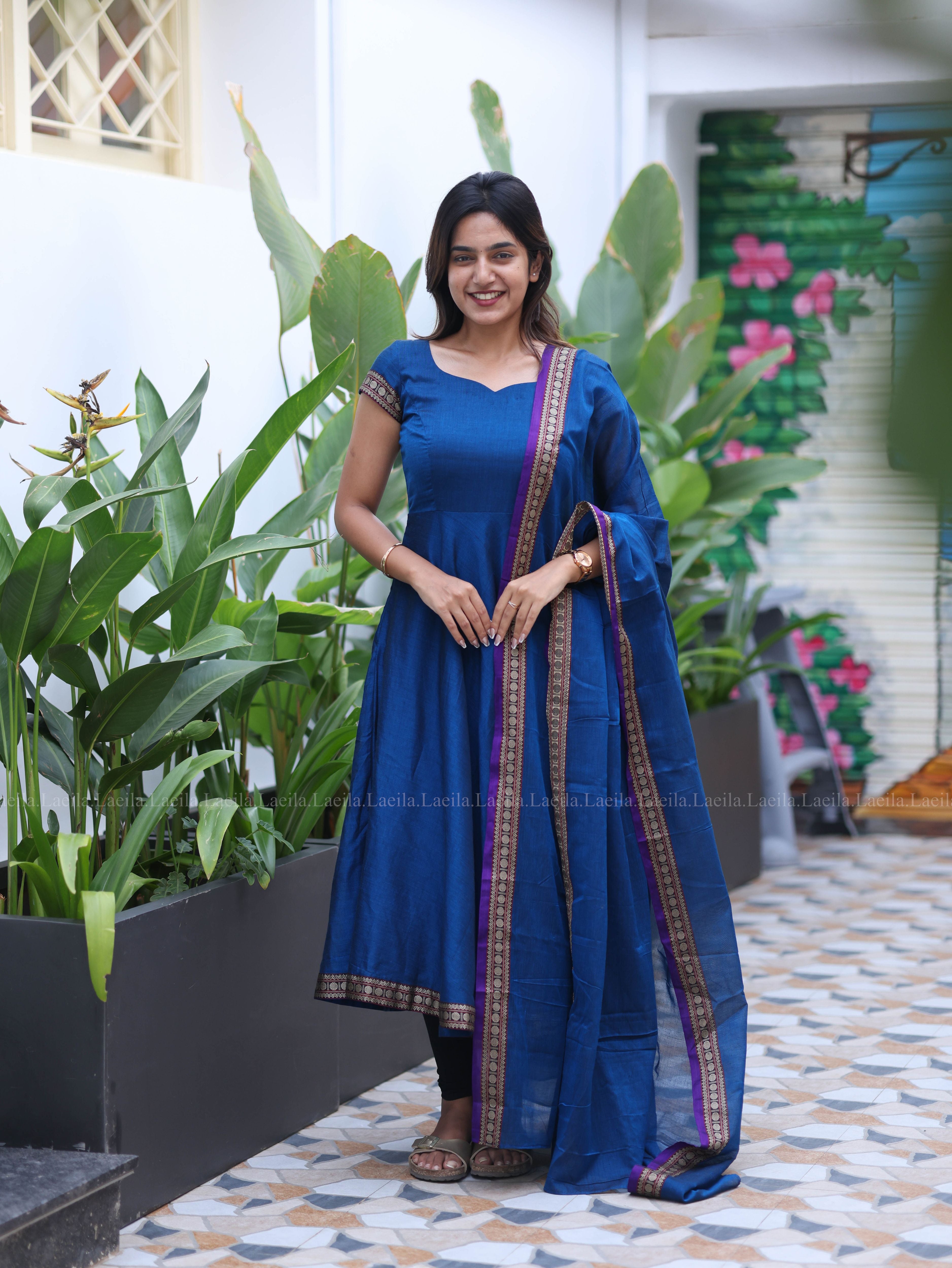Blue Malar Narayanpet Anarkali Top & Dupatta