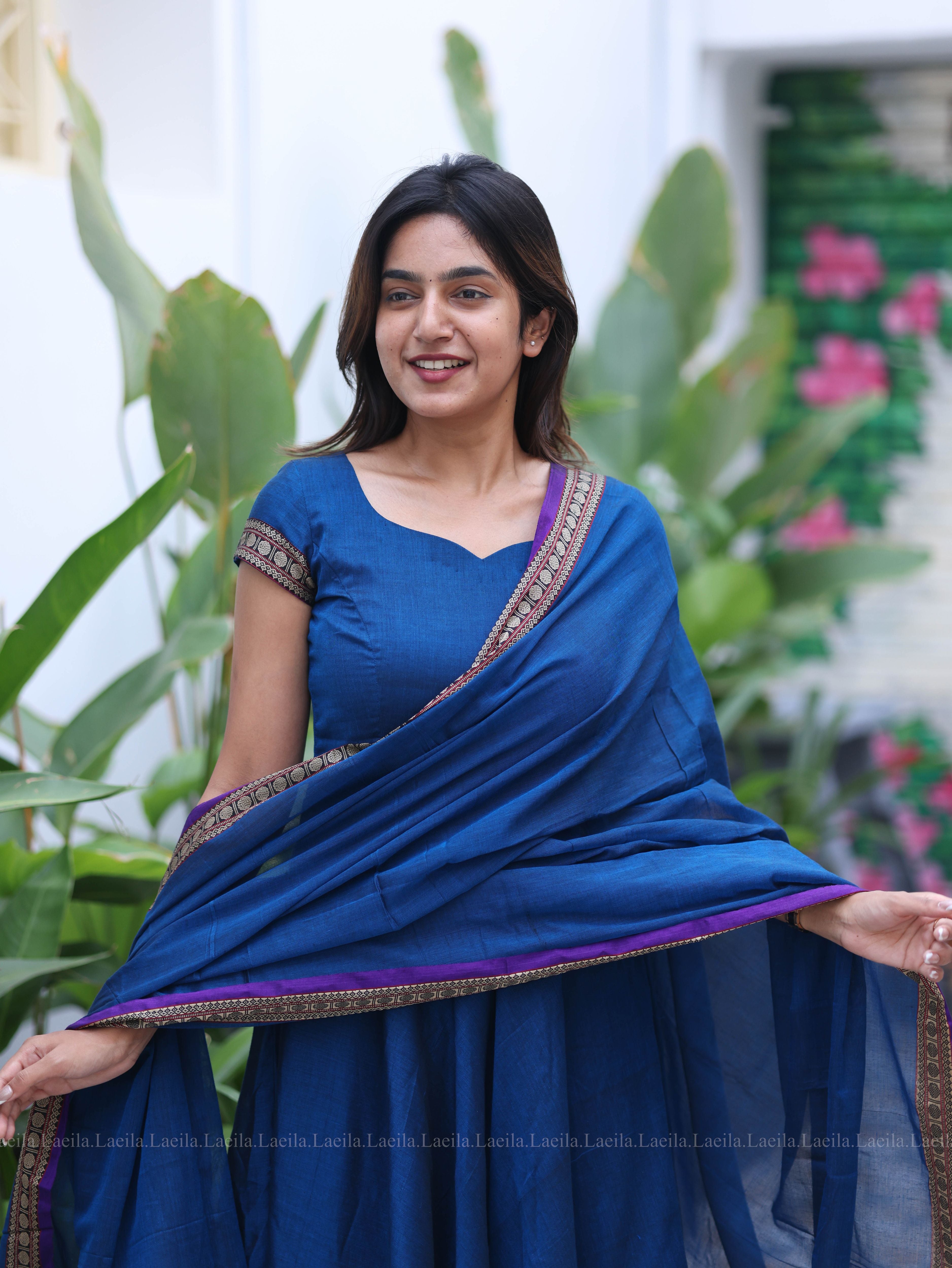 Blue Malar Narayanpet Anarkali Top & Dupatta