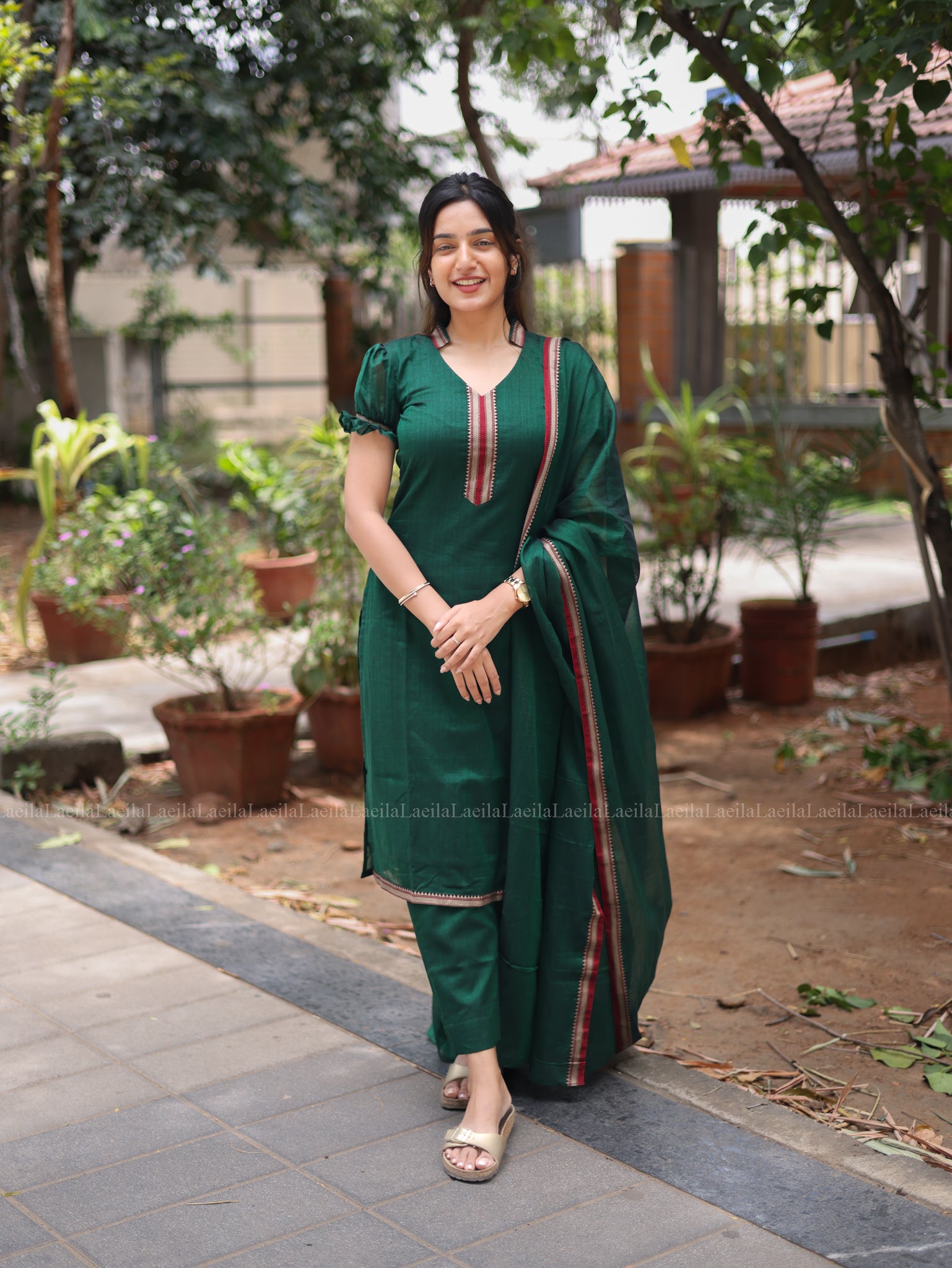 Dark Green Malar Narayanpet Salwar set with Puff Sleeve