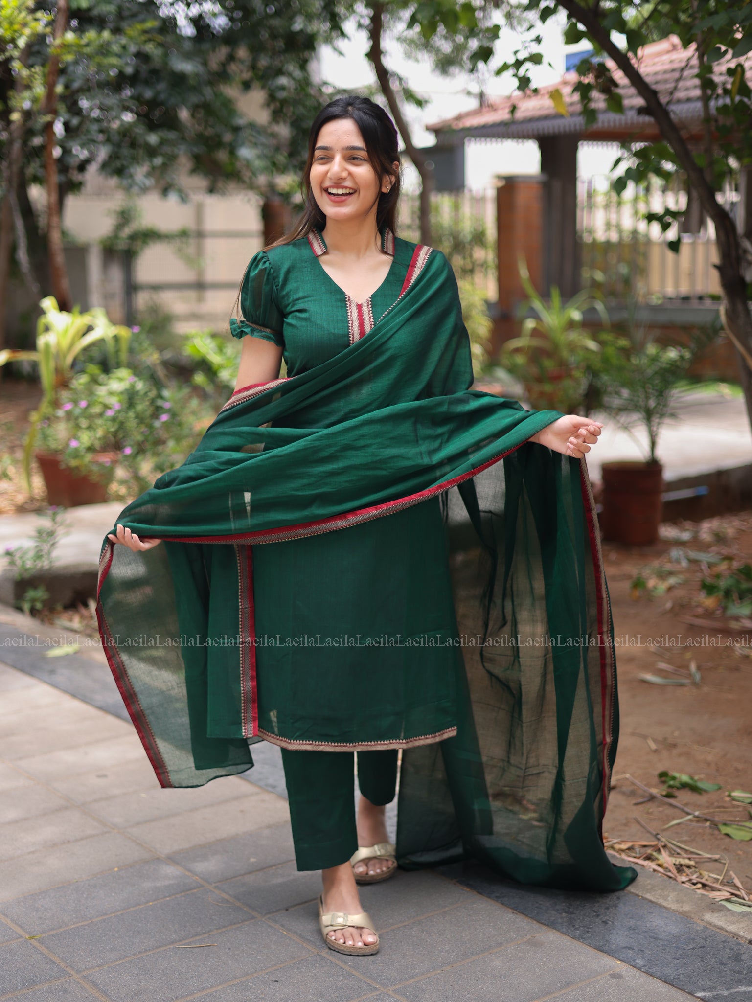 Dark Green Malar Narayanpet Salwar set with Puff Sleeve