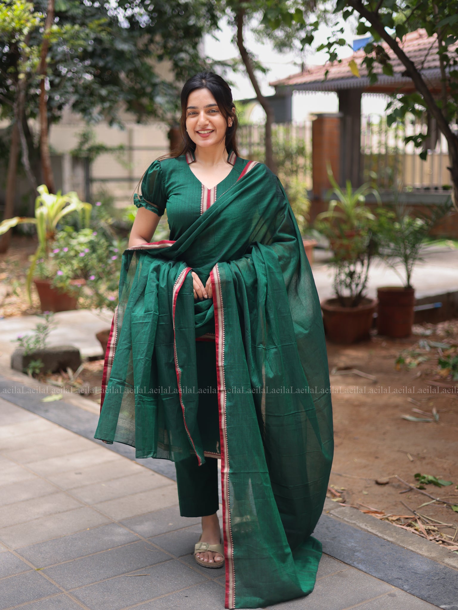 Dark Green Malar Narayanpet Salwar set with Puff Sleeve