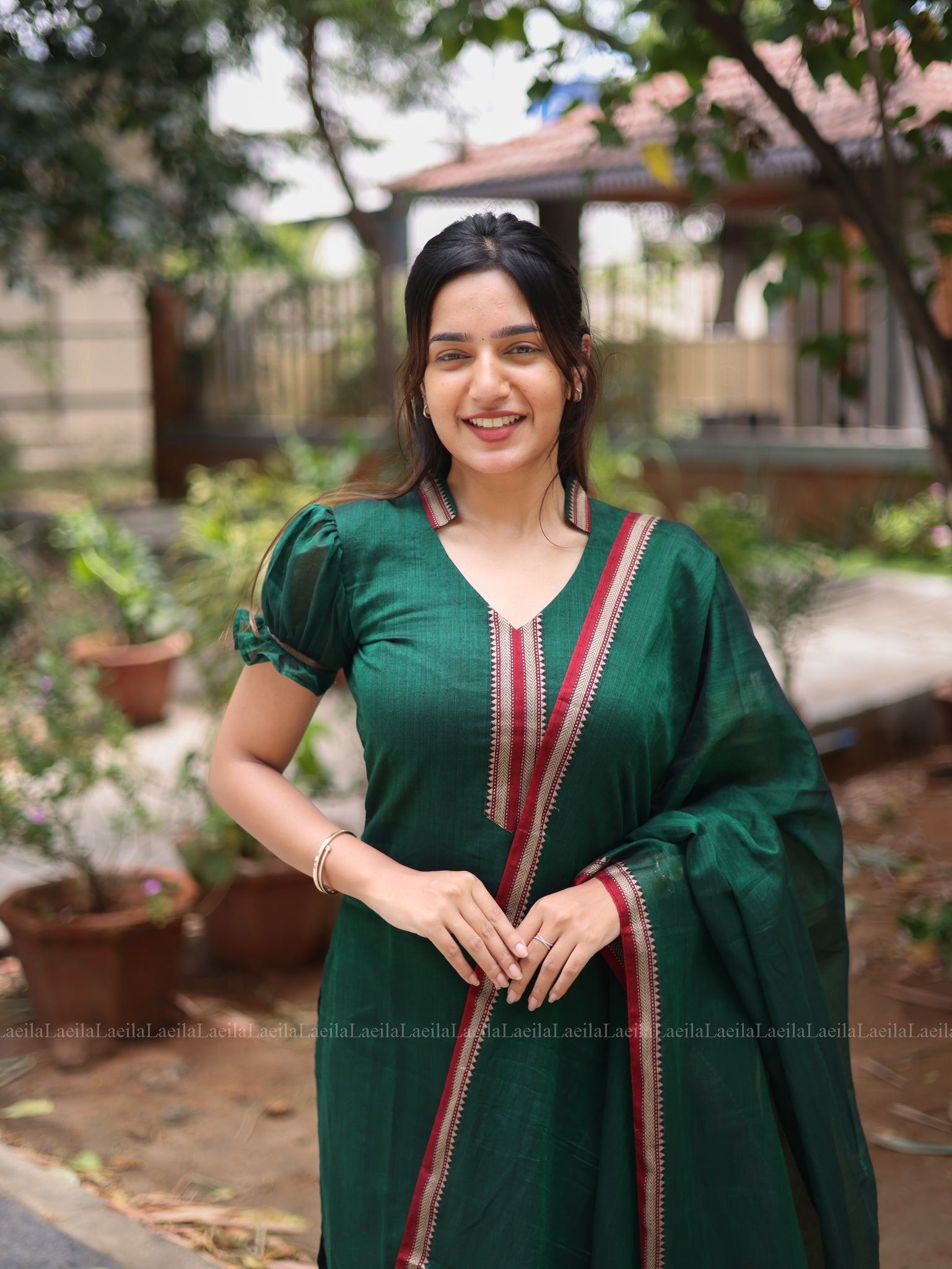 Dark Green Malar Narayanpet Salwar set with Puff Sleeve